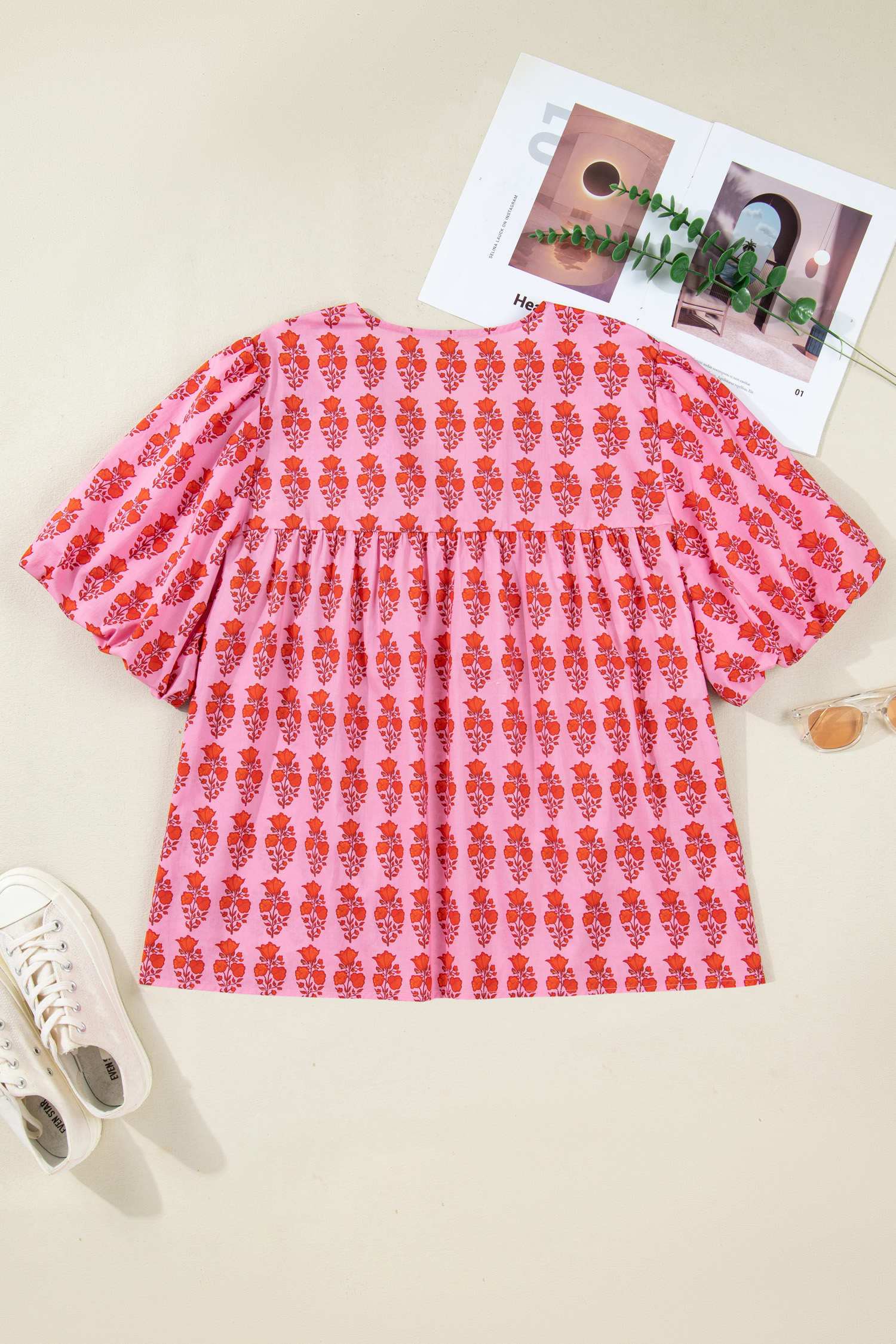 Plus Size Pink  Floral Print Tassel Tie Puff Sleeve Cotton Blouse