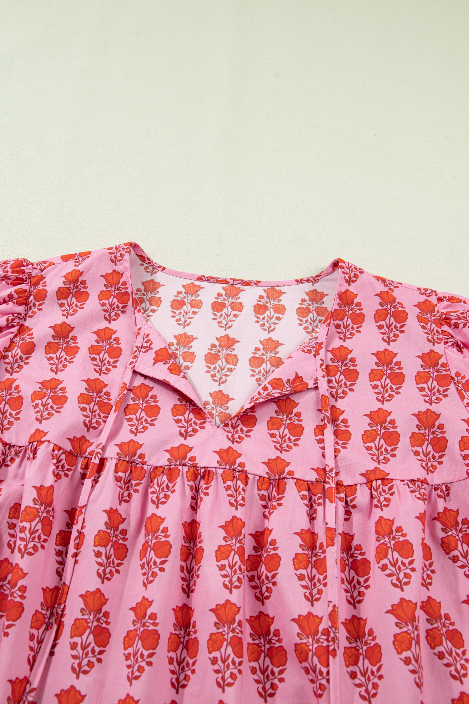 Plus Size Pink  Floral Print Tassel Tie Puff Sleeve Cotton Blouse