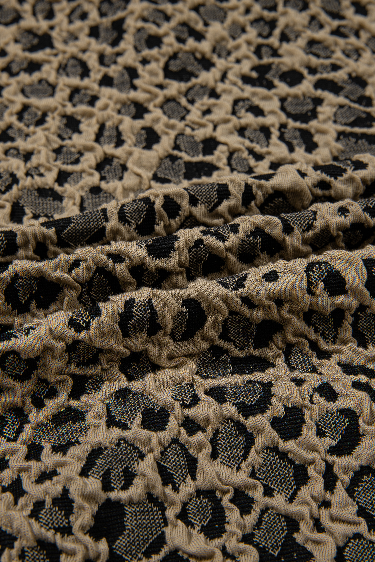 Beige Ribbed Patchwork Collar Cuffed Sleeve Leopard Plus Top