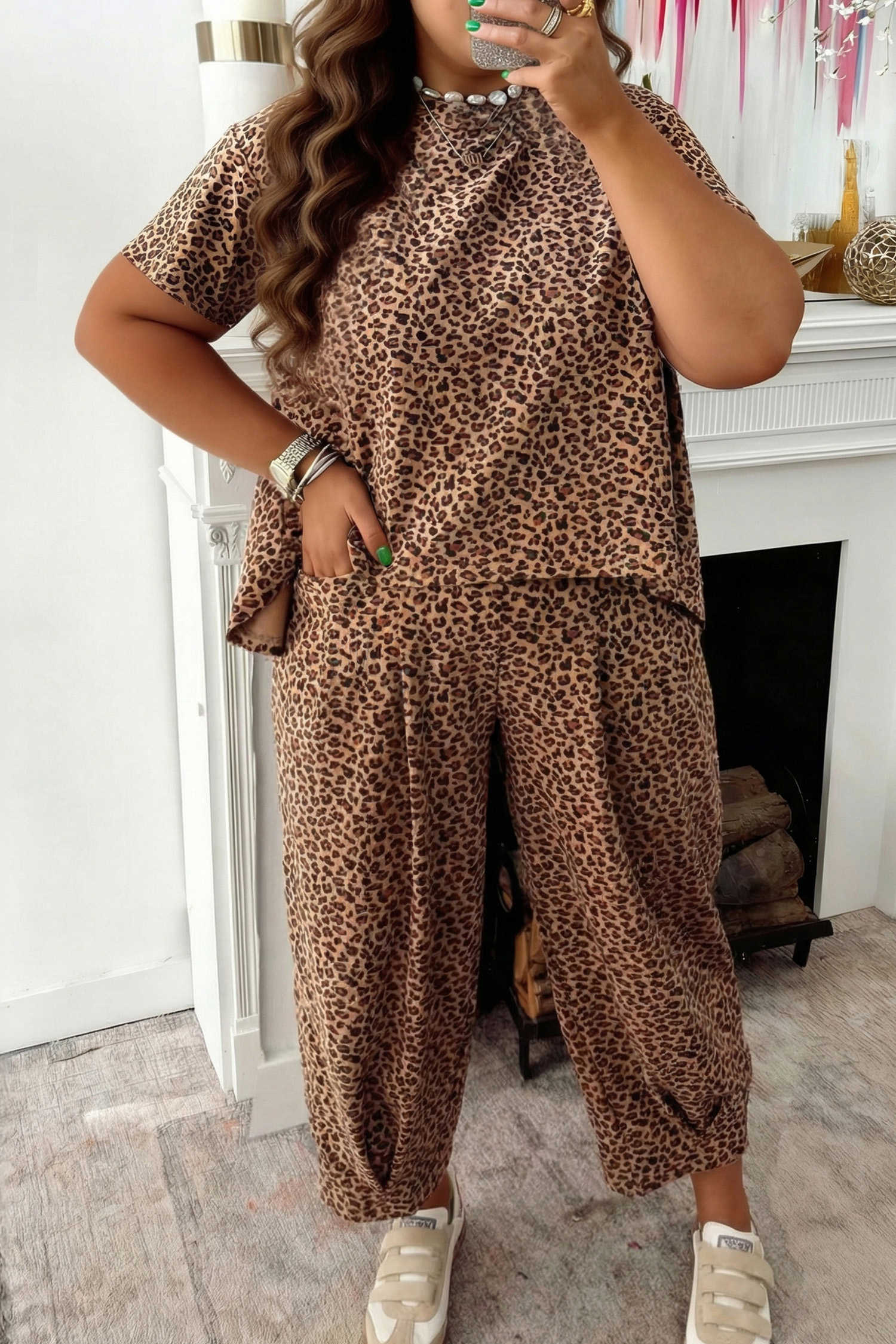 Plus Size Brown  Leopard Loose Top Pleated Pants Set