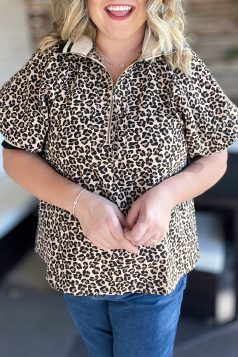 Plus Size Brown  Leopard Print Striped Webbing Patchwork Half Zip Blouse