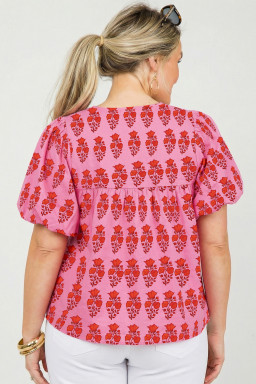 Plus Size Pink  Floral Print Tassel Tie Puff Sleeve Cotton Blouse