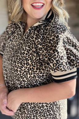 Plus Size Brown  Leopard Print Striped Webbing Patchwork Half Zip Blouse