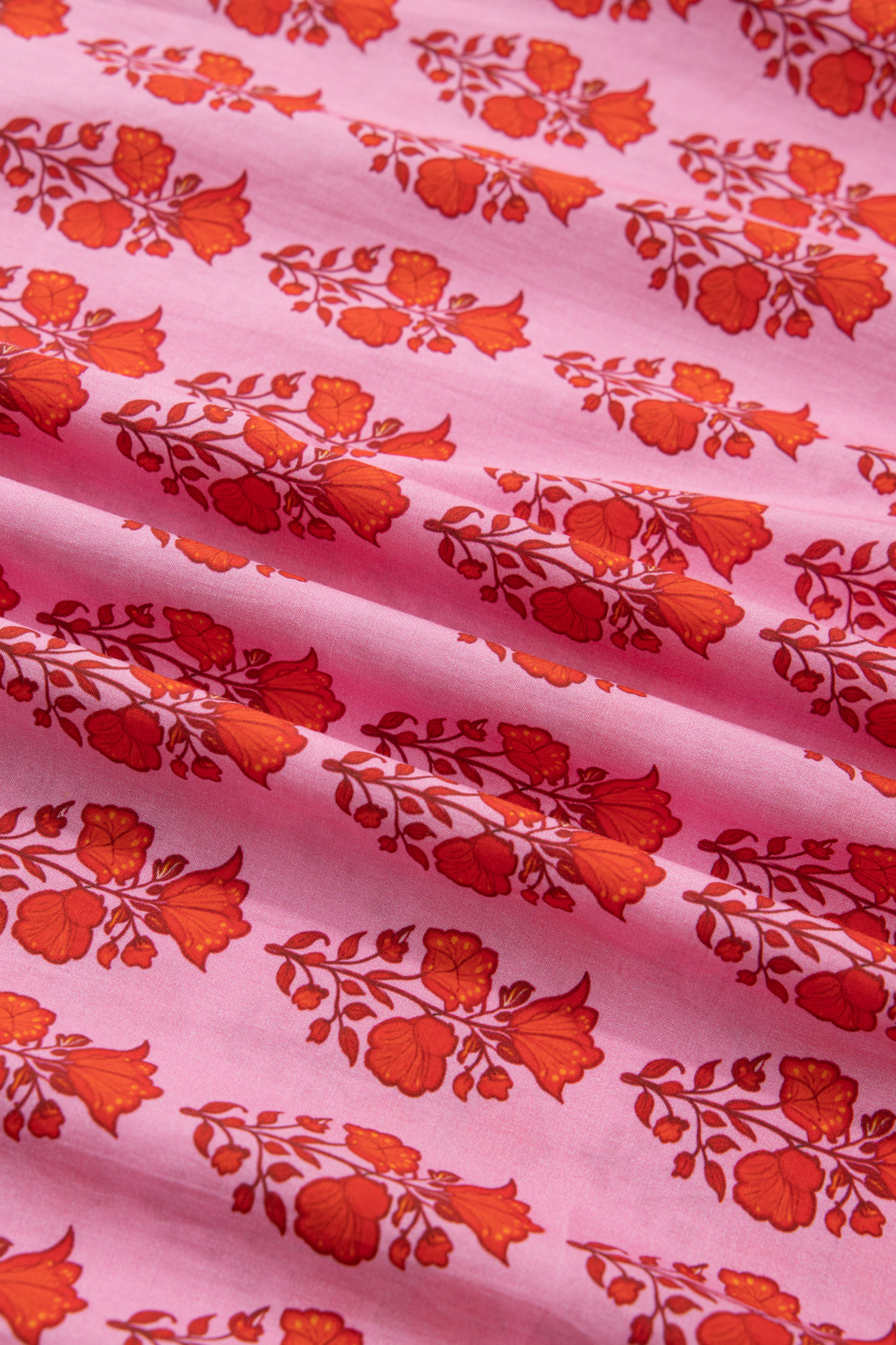 Plus Size Pink  Floral Print Tassel Tie Puff Sleeve Cotton Blouse