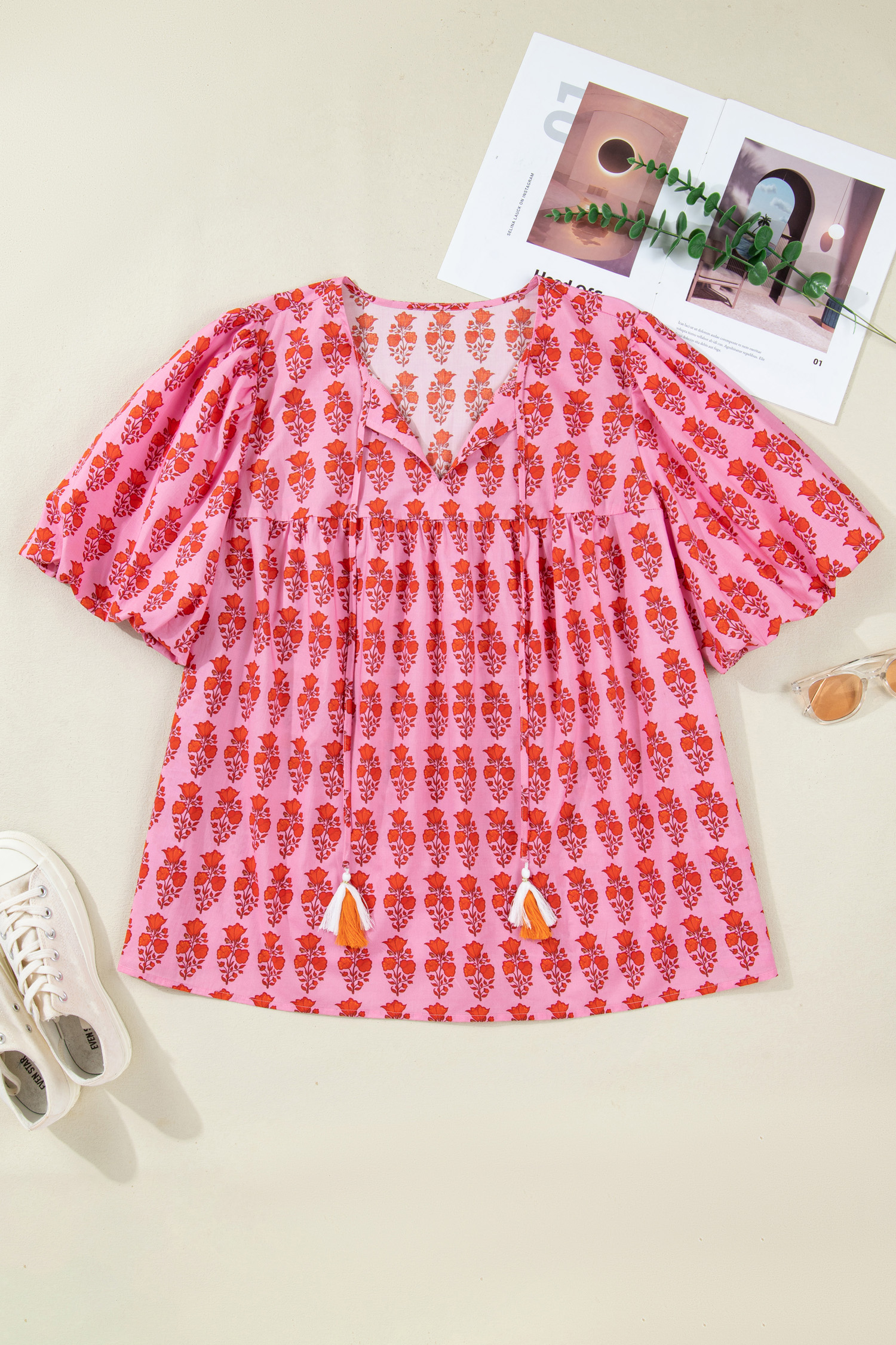 Plus Size Pink  Floral Print Tassel Tie Puff Sleeve Cotton Blouse