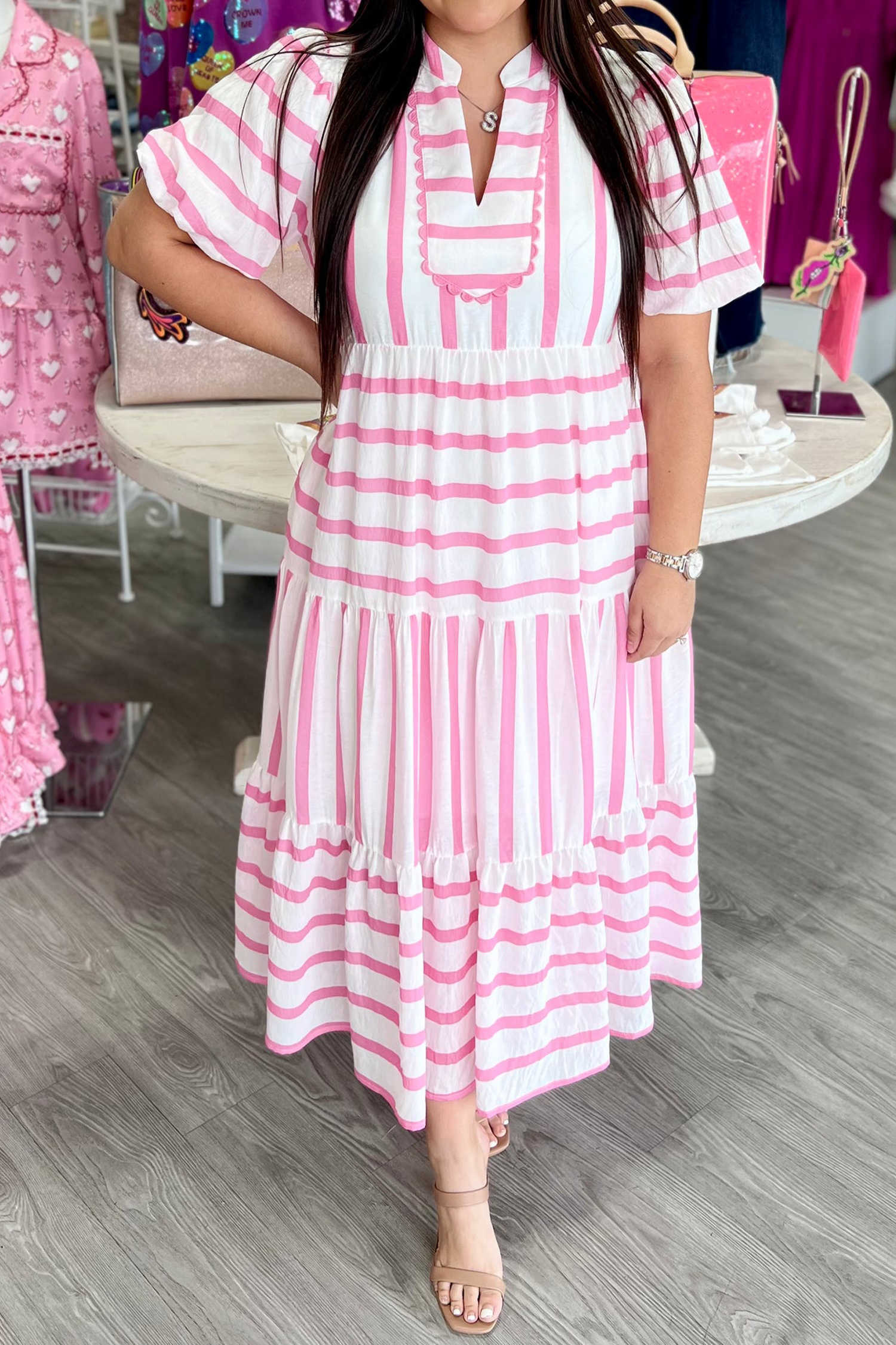 Plus Size Pink Stripe  V Neck Short Puff Sleeve Tiered Maxi Dress