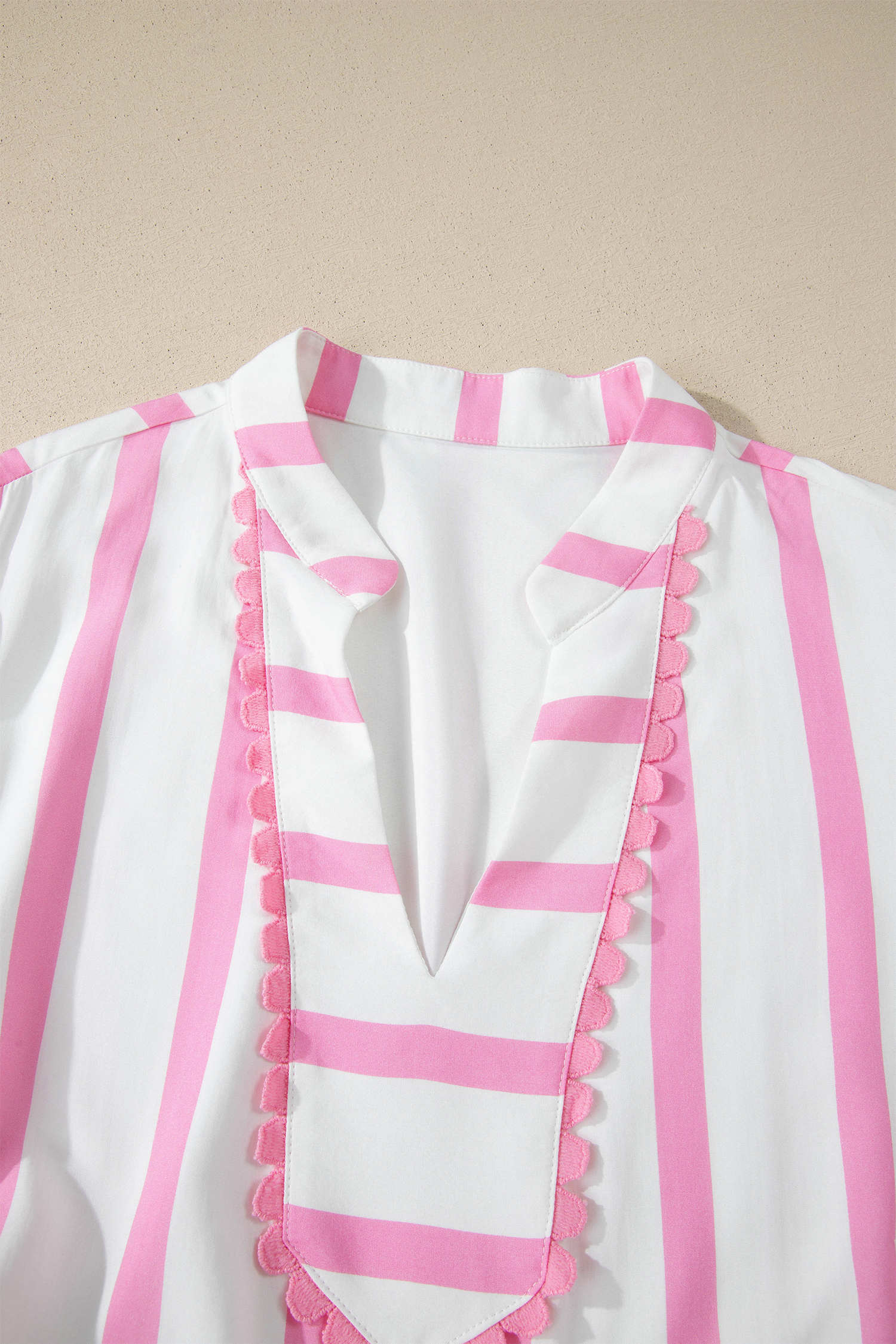 Plus Size Pink Stripe  V Neck Short Puff Sleeve Tiered Maxi Dress