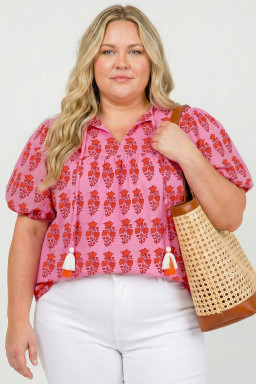 Plus Size Pink  Floral Print Tassel Tie Puff Sleeve Cotton Blouse