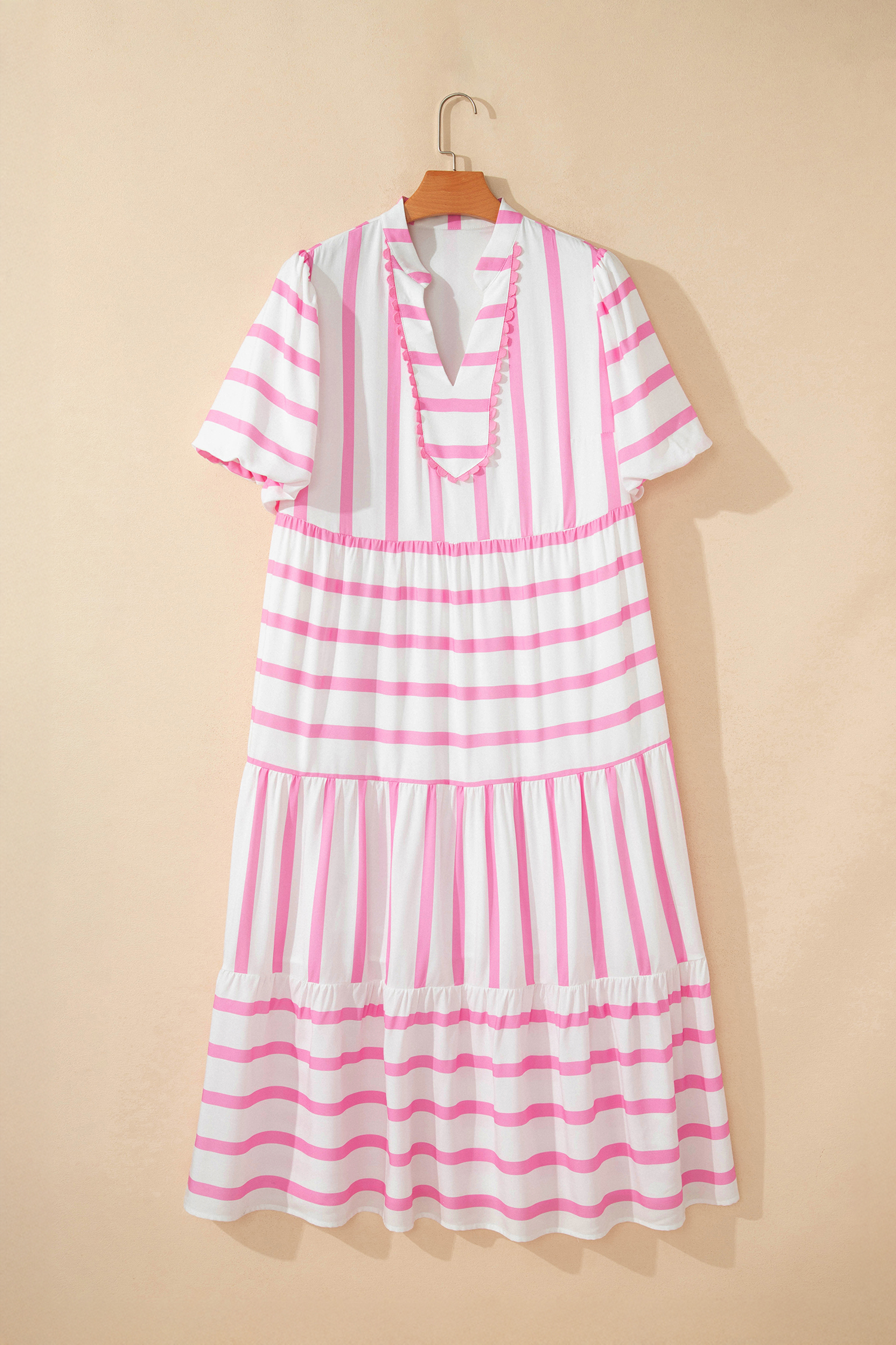Plus Size Pink Stripe  V Neck Short Puff Sleeve Tiered Maxi Dress