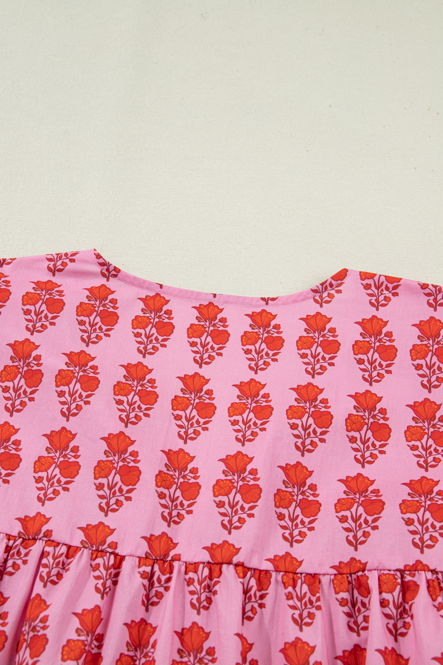 Plus Size Pink  Floral Print Tassel Tie Puff Sleeve Cotton Blouse