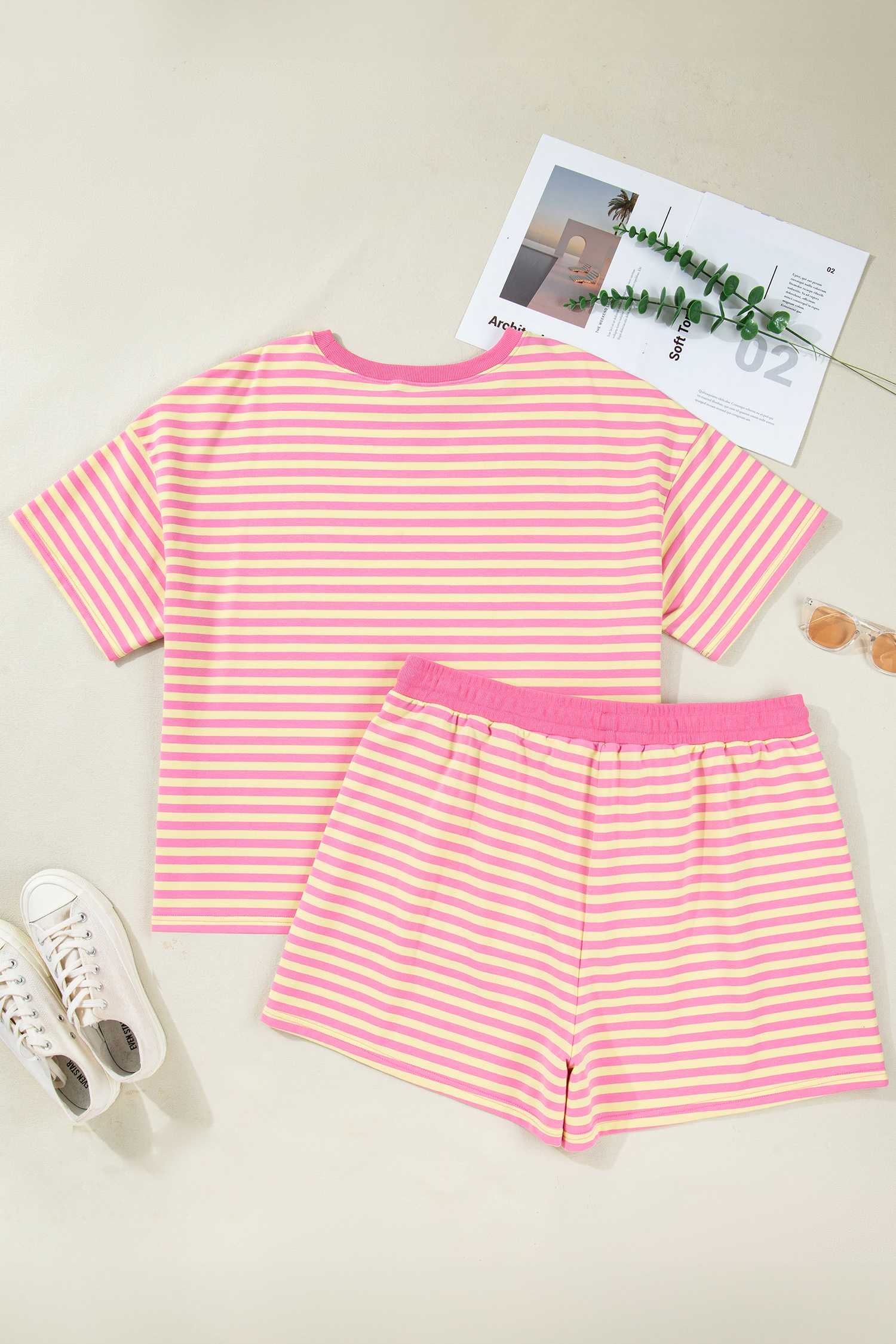 Plus Size Rose Stripe Boxy Tee Drawstring Elastic Waist  Short Set