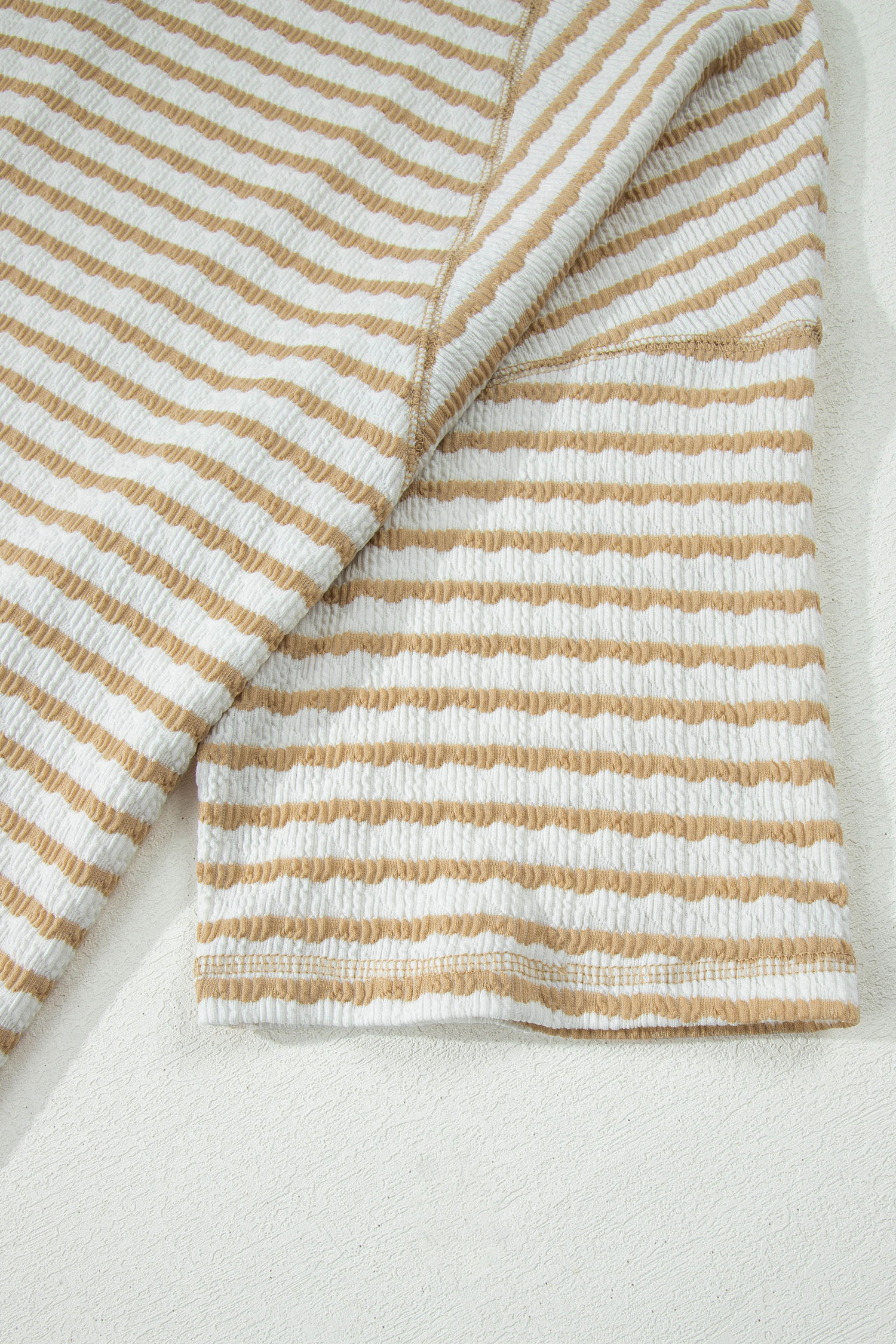 Plus Size Apricot Stripe  Textured Patchwork Detail Half Sleeve Top