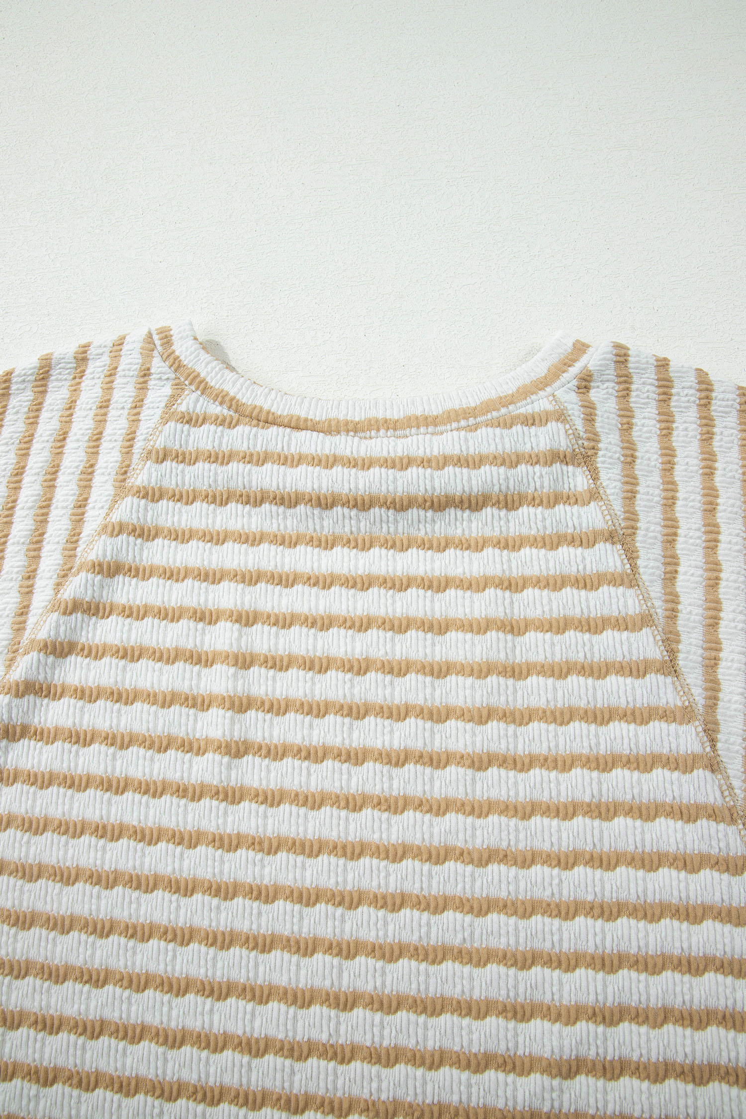 Plus Size Apricot Stripe  Textured Patchwork Detail Half Sleeve Top