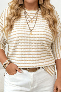 Plus Size Apricot Stripe  Textured Patchwork Detail Half Sleeve Top