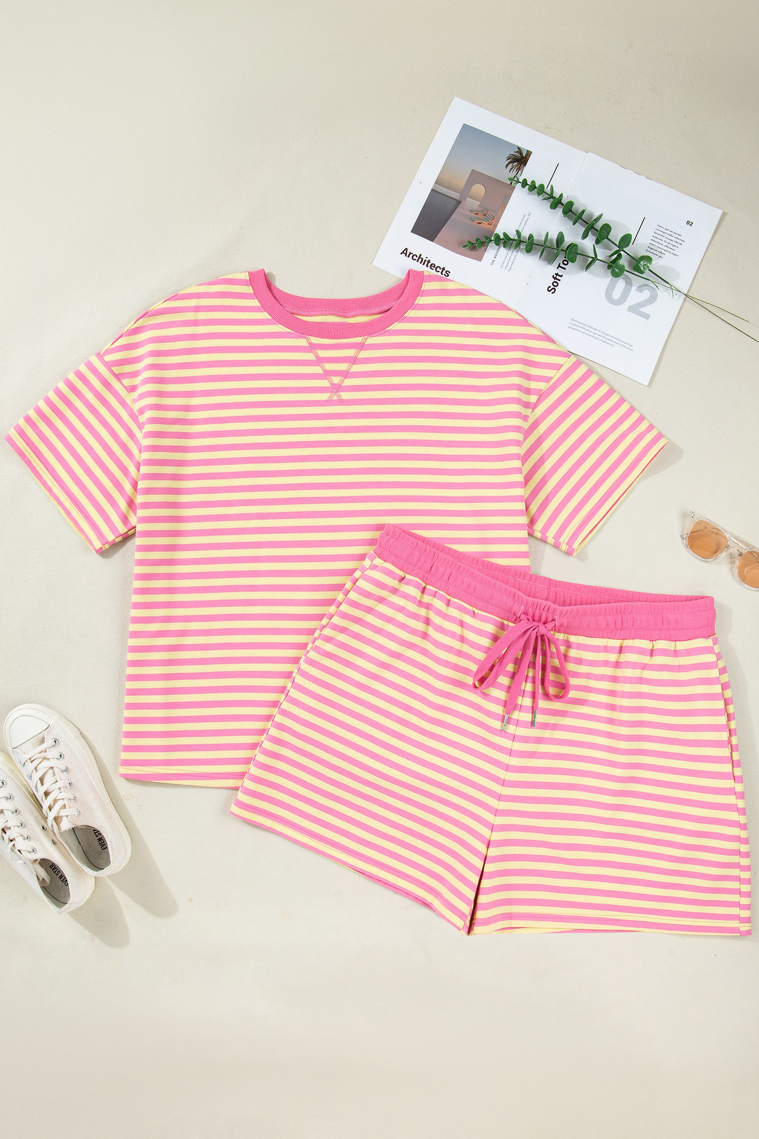 Plus Size Rose Stripe Boxy Tee Drawstring Elastic Waist  Short Set
