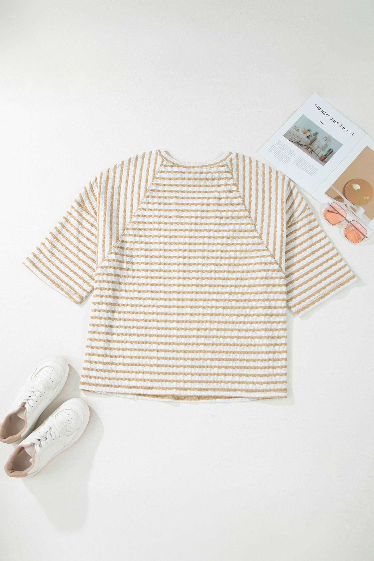 Plus Size Apricot Stripe  Textured Patchwork Detail Half Sleeve Top