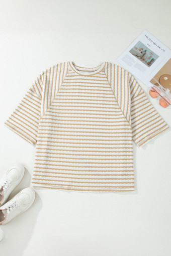 Plus Size Apricot Stripe  Textured Patchwork Detail Half Sleeve Top
