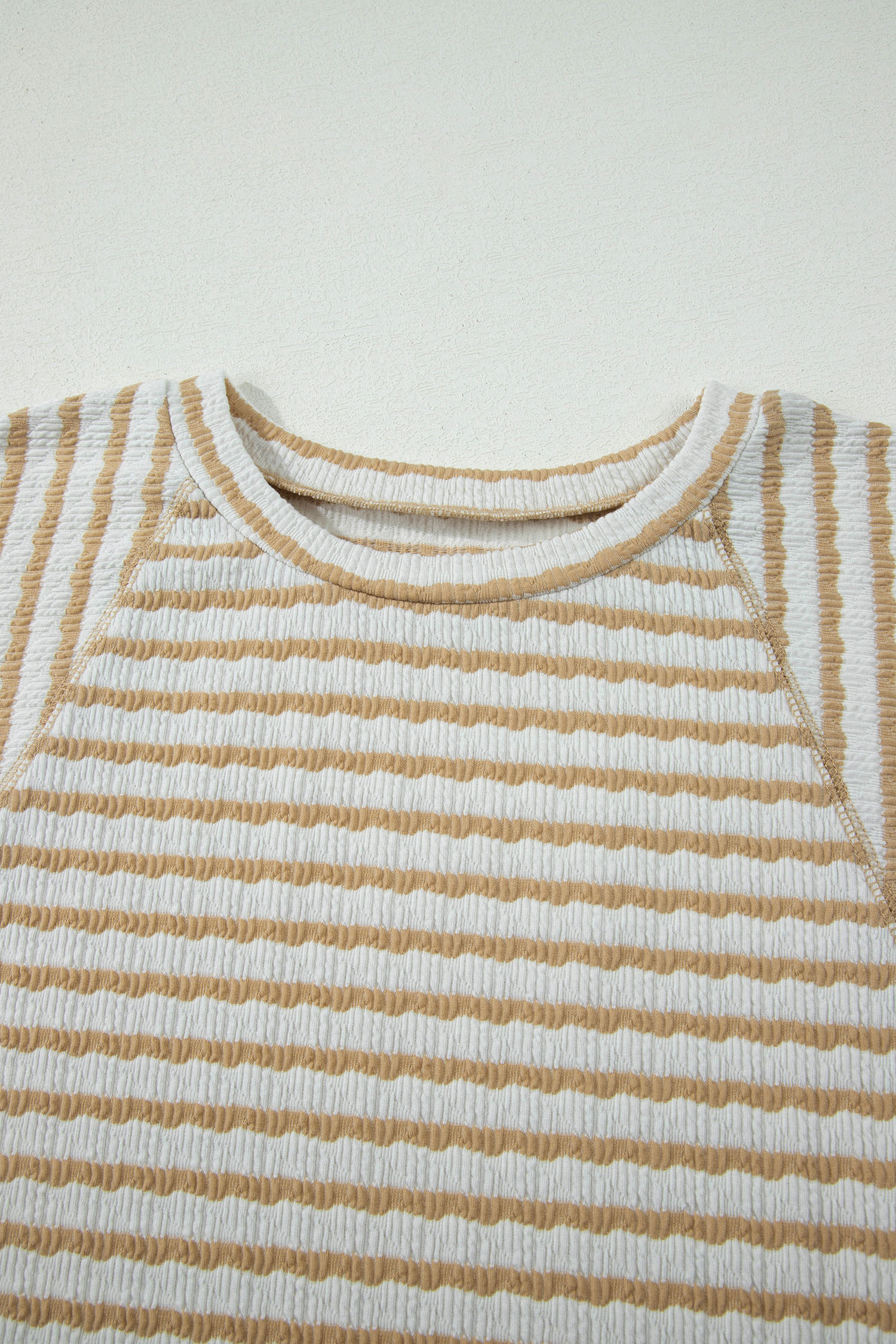 Plus Size Apricot Stripe  Textured Patchwork Detail Half Sleeve Top