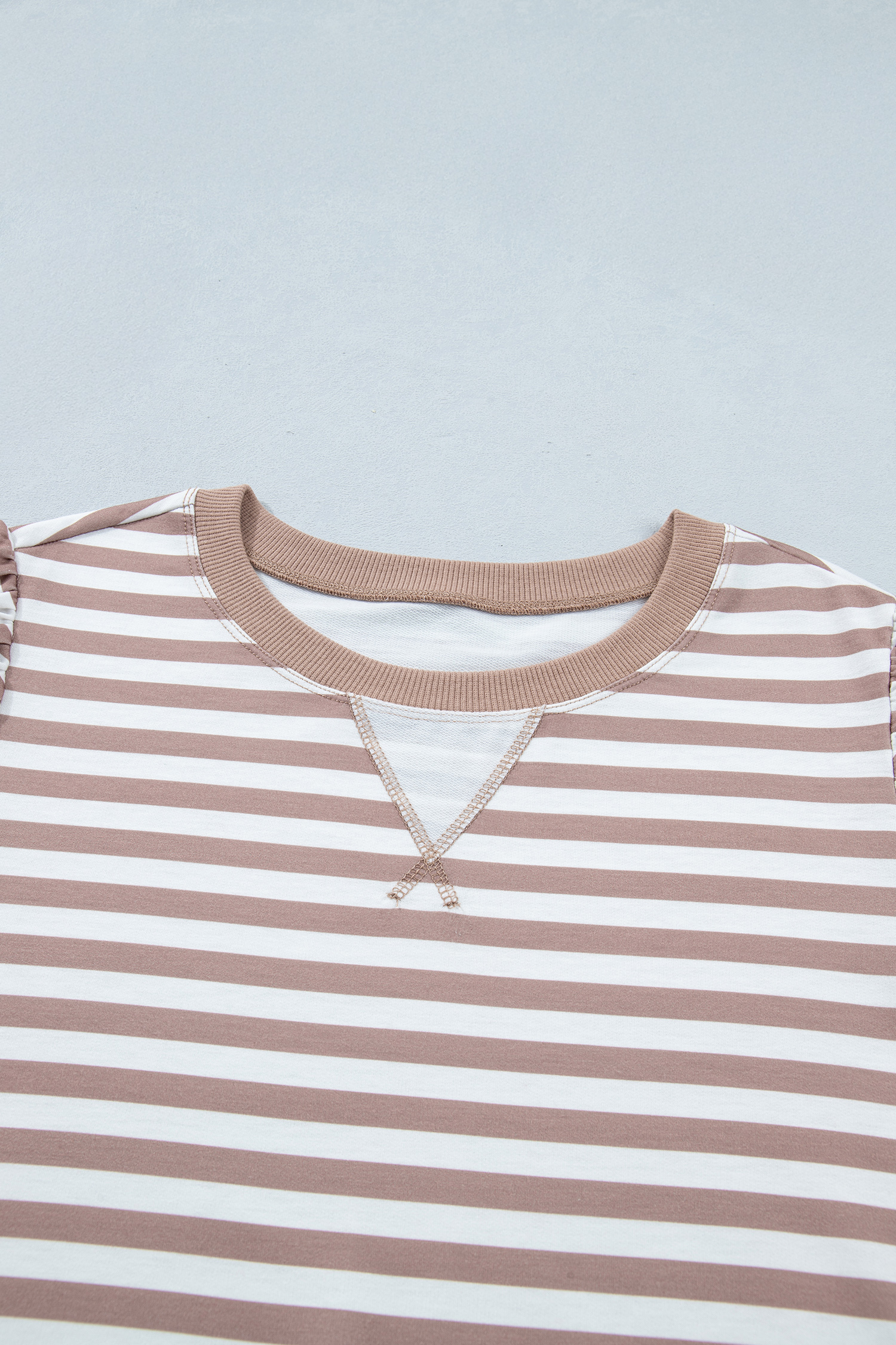 Orange Stripe Ribbed Trim Round Neck Short Puff Sleeve Plus T Shirt
