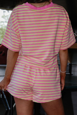 Plus Size Rose Stripe Boxy Tee Drawstring Elastic Waist  Short Set