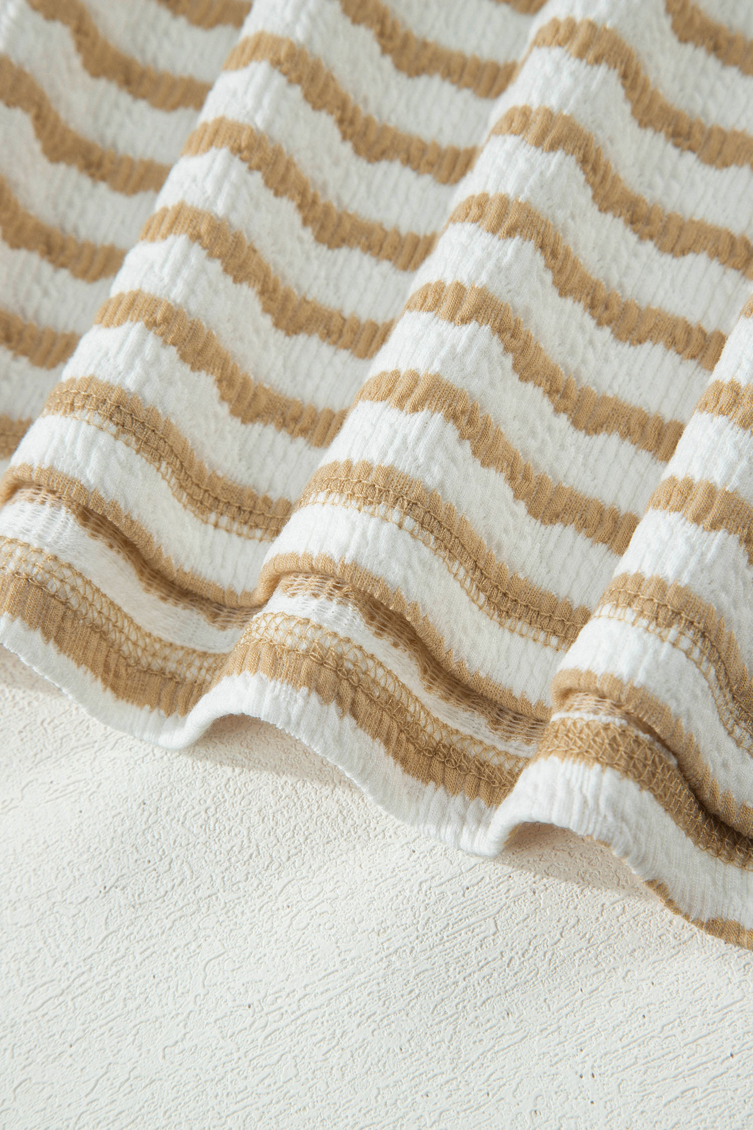 Plus Size Apricot Stripe  Textured Patchwork Detail Half Sleeve Top