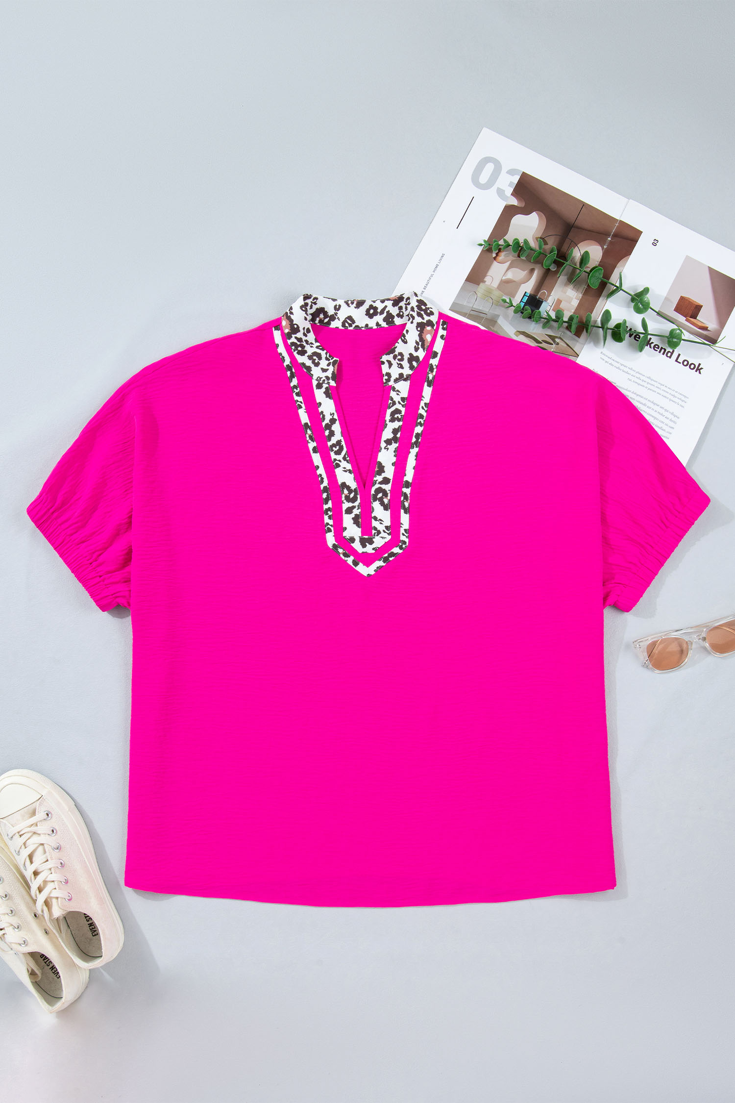 Plus Size Rose Red Leopard Accent Notched Neck  Short Sleeve Top