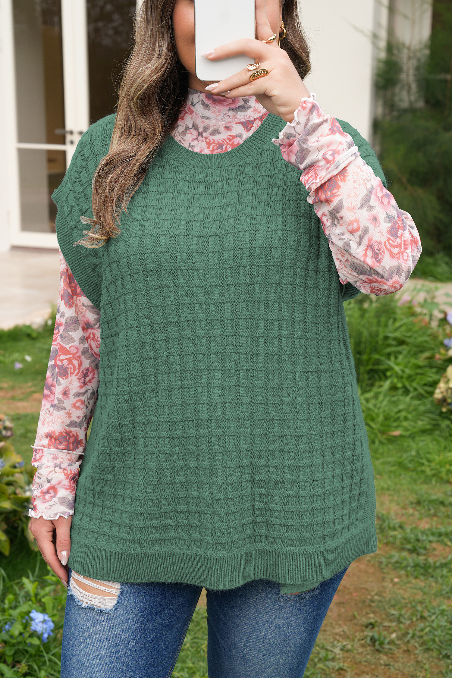 Plus Size Mist Green  Solid Color Textured Knit Short Sleeve Sweater