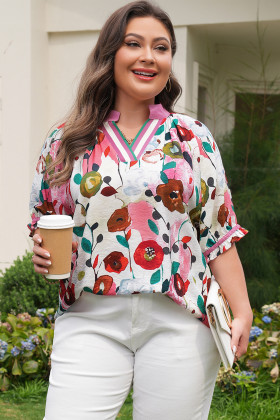 Plus Size Pink V Neck Short Puff Sleeve  Floral Blouse
