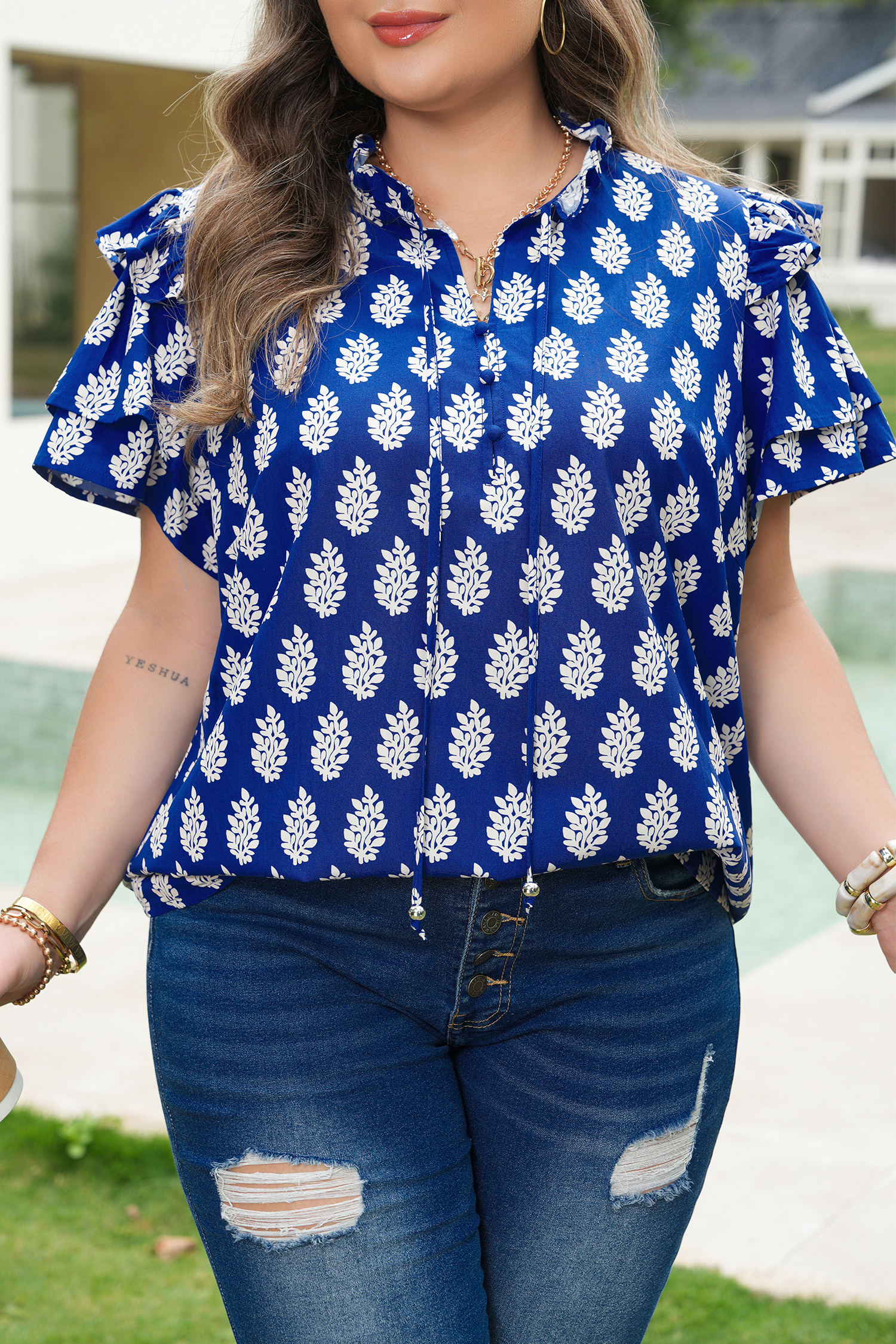 Plus Size Blue  Botanical Print Tie V Neck Ruffle Short Sleeve Blouse