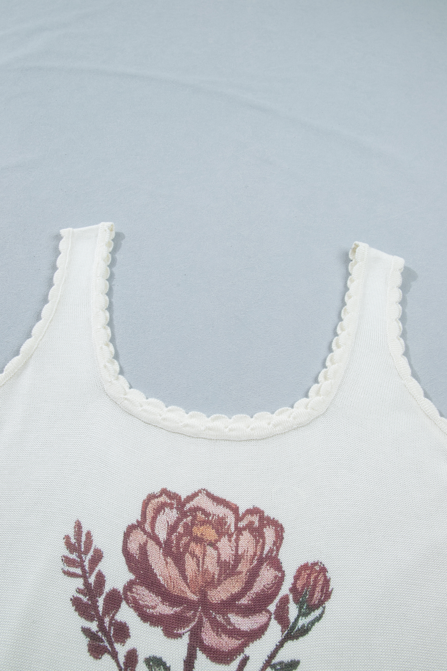 Plus Size White  Floral Print Scalloped Trim Square Neck Sweater Vest