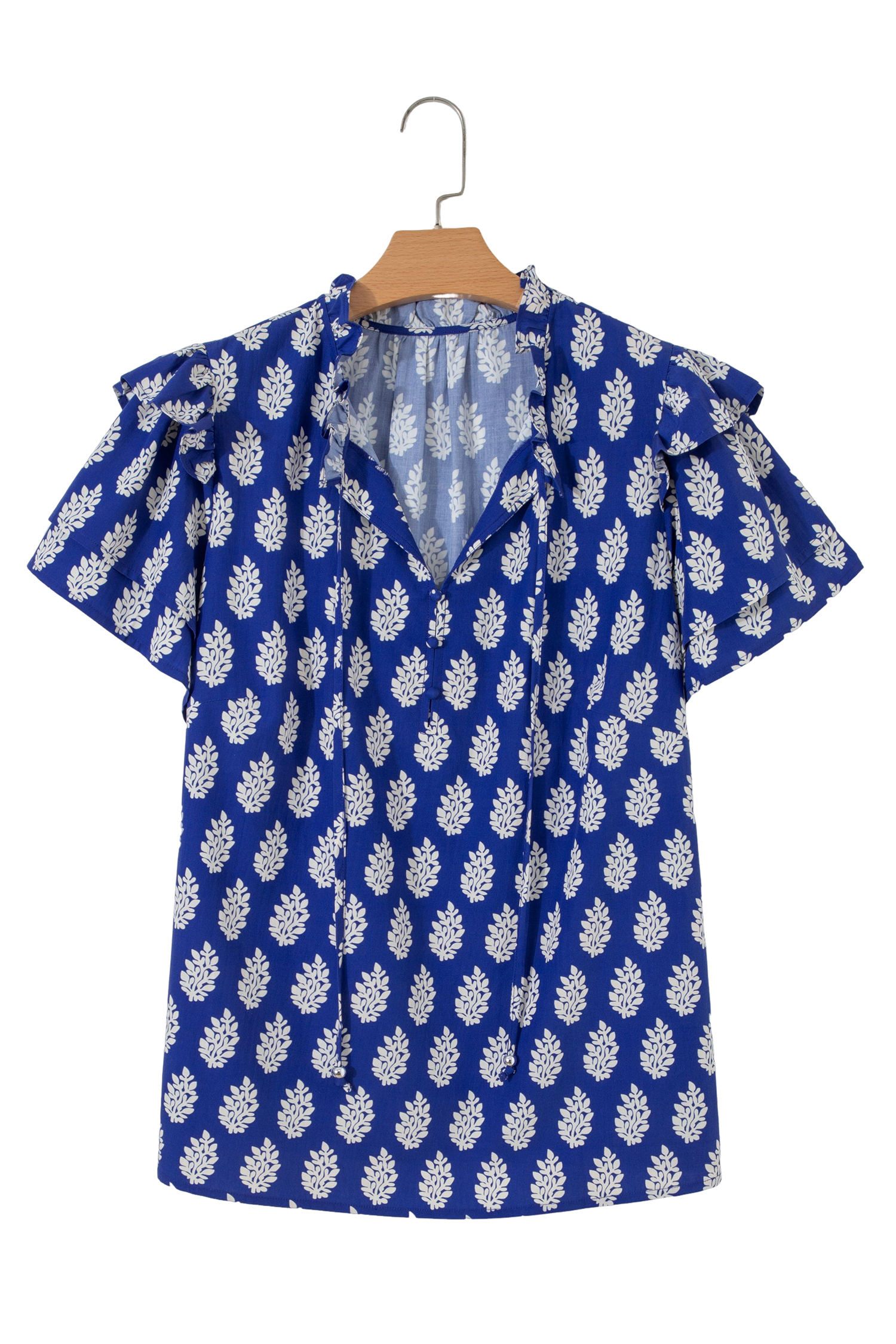 Plus Size Blue  Botanical Print Tie V Neck Ruffle Short Sleeve Blouse