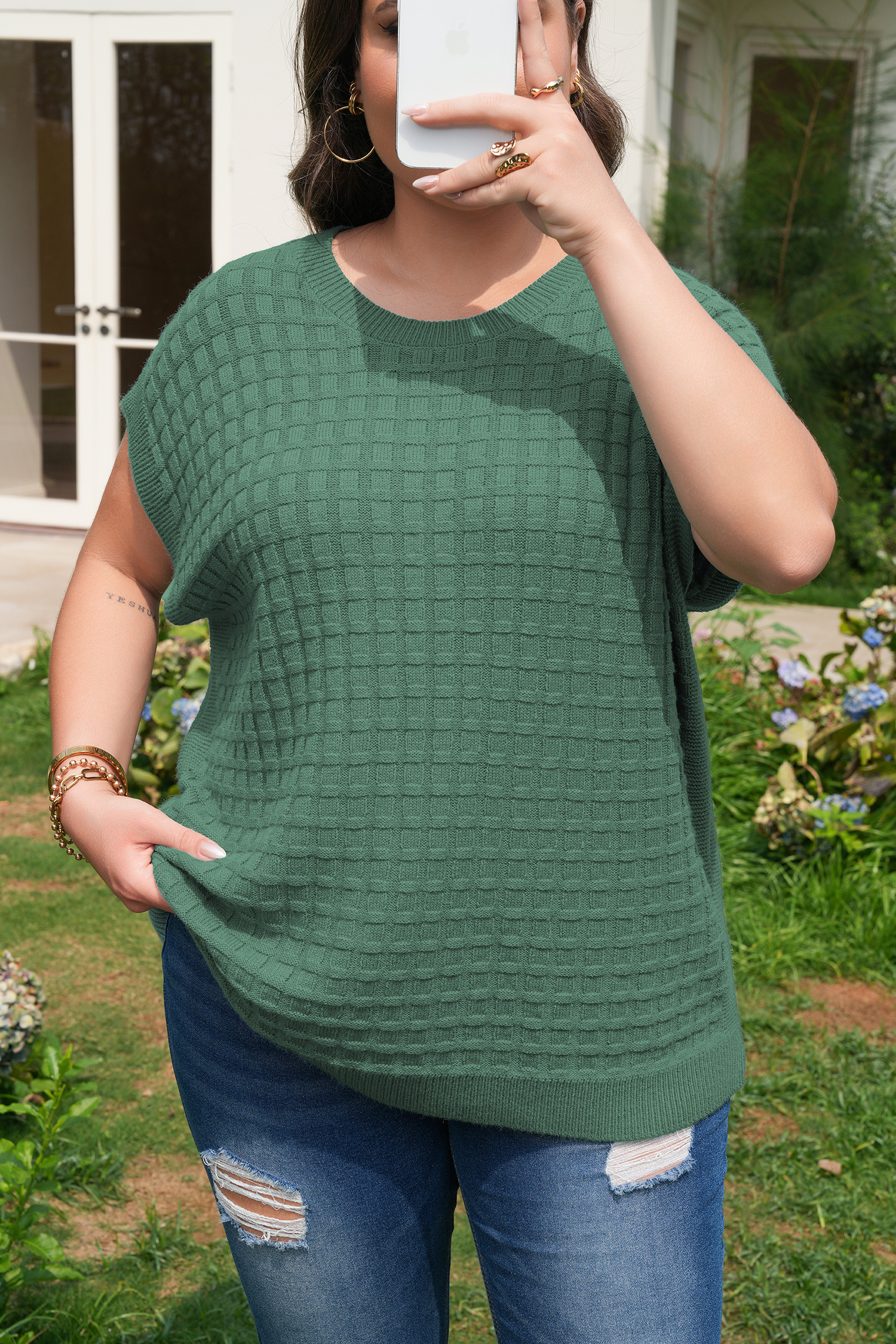 Plus Size Mist Green  Solid Color Textured Knit Short Sleeve Sweater