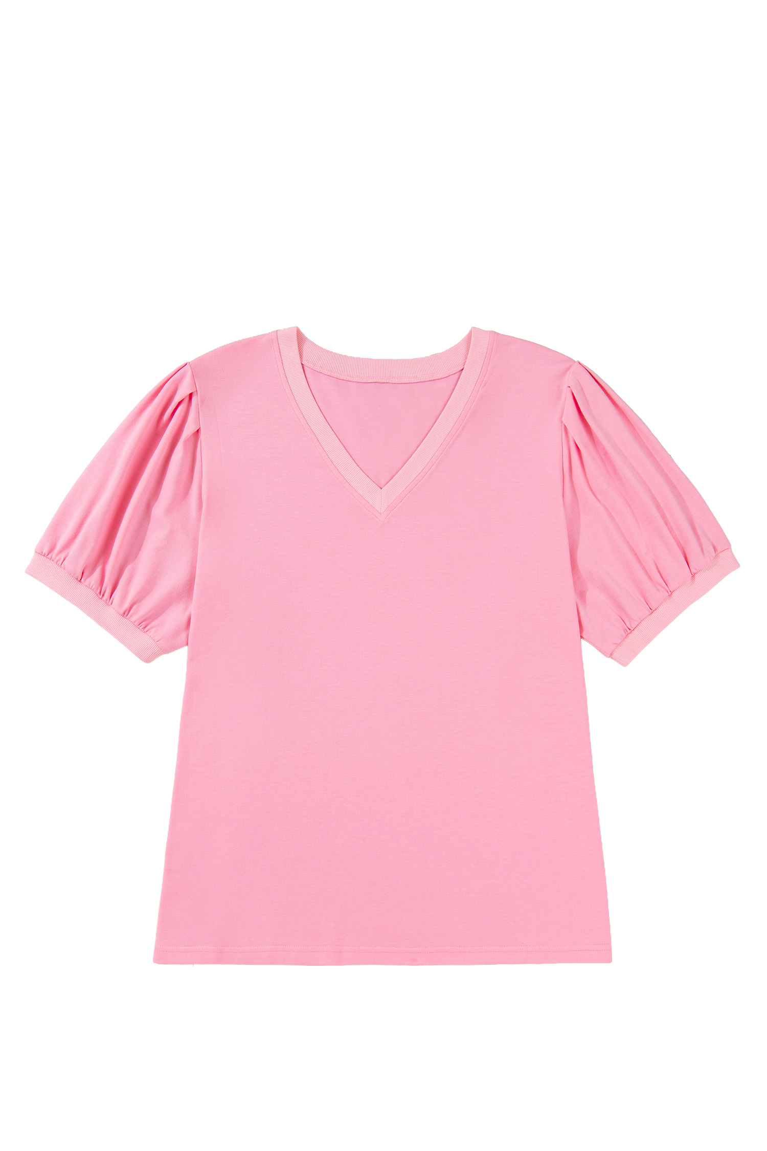 Plus Size Bonbon V Neck Pleated Short Puff Sleeve  Blouse