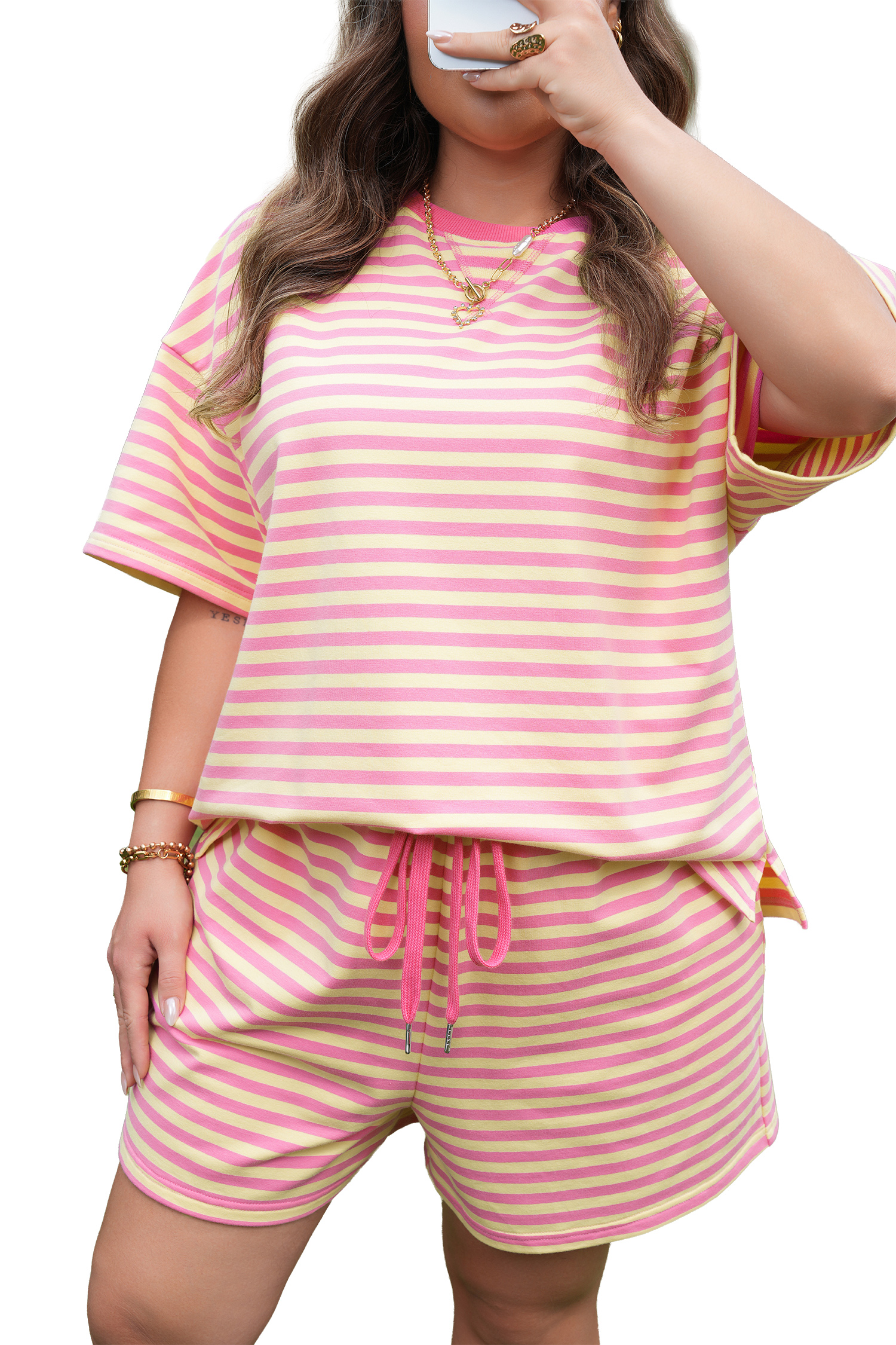 Plus Size Rose Stripe Boxy Tee Drawstring Elastic Waist  Short Set