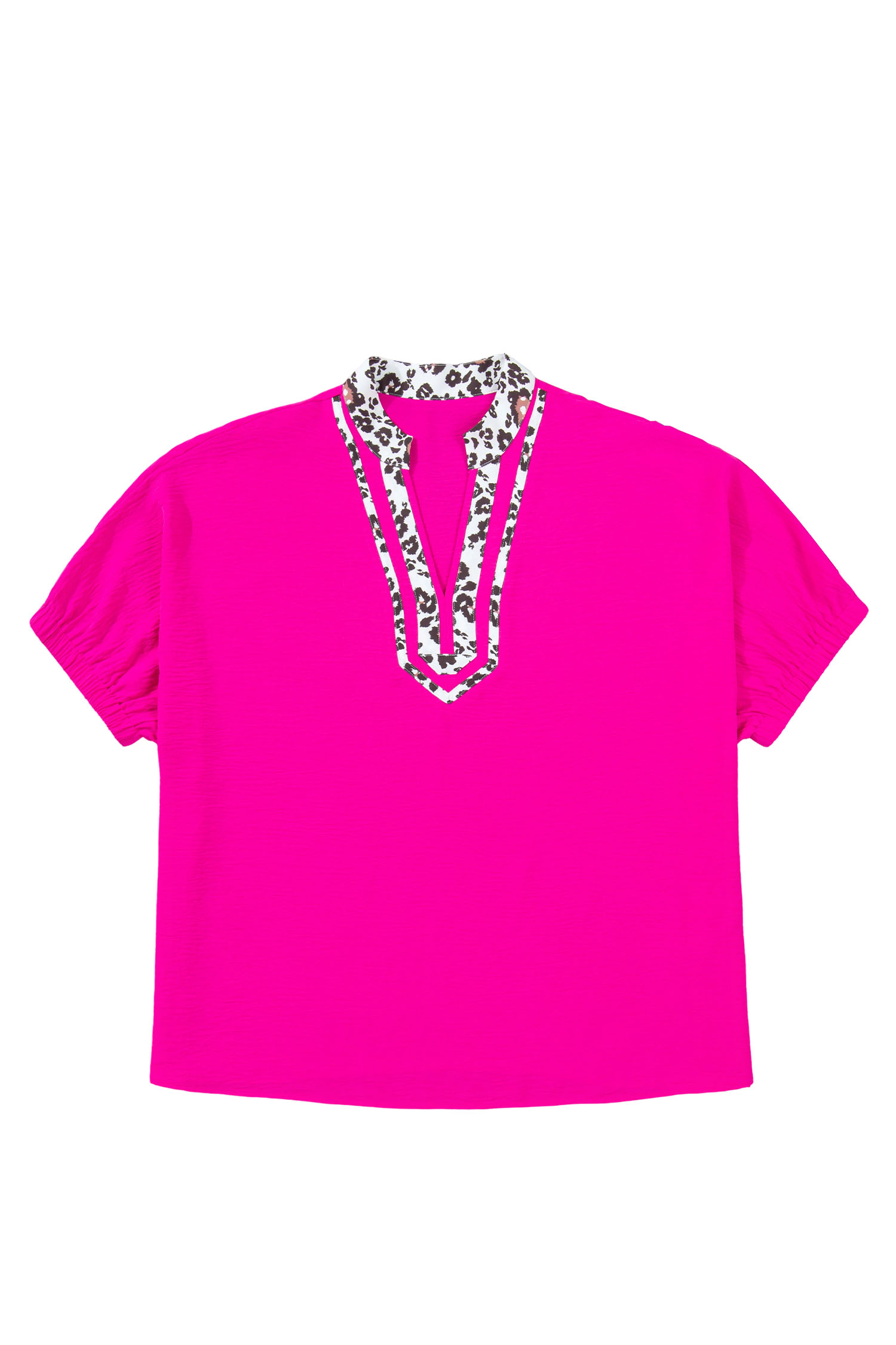 Plus Size Rose Red Leopard Accent Notched Neck  Short Sleeve Top