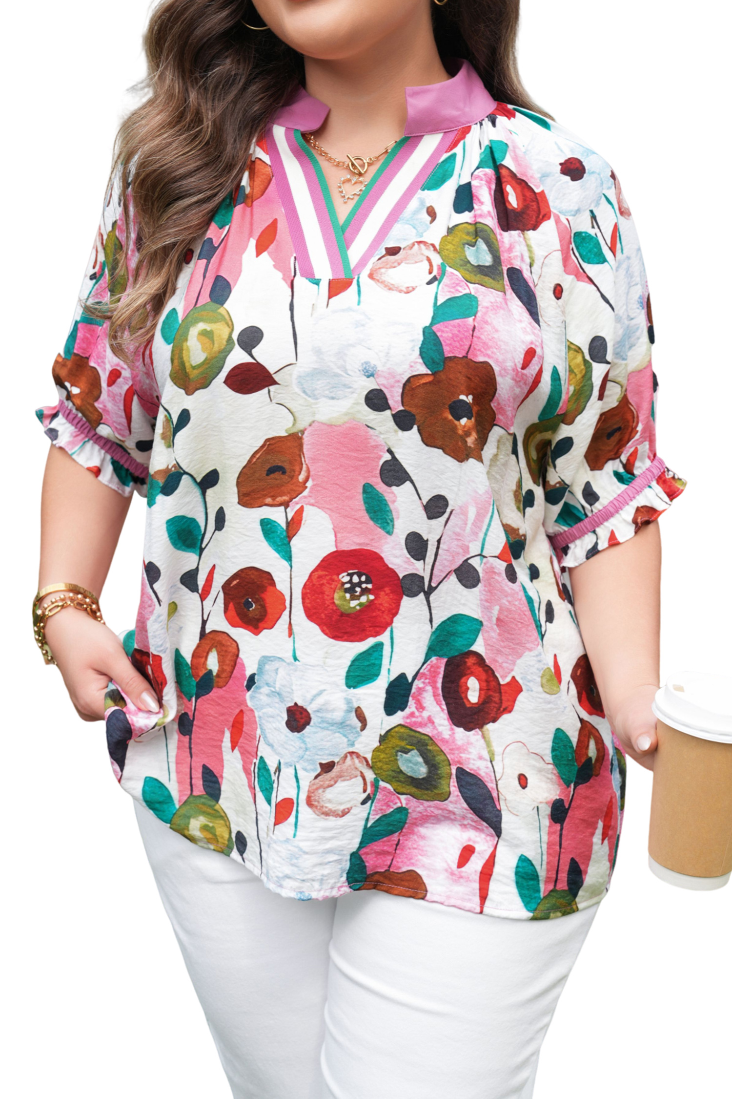 Plus Size Pink V Neck Short Puff Sleeve  Floral Blouse