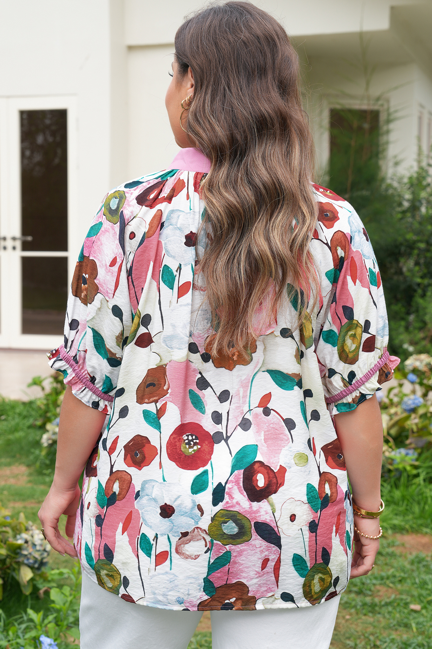 Plus Size Pink V Neck Short Puff Sleeve  Floral Blouse