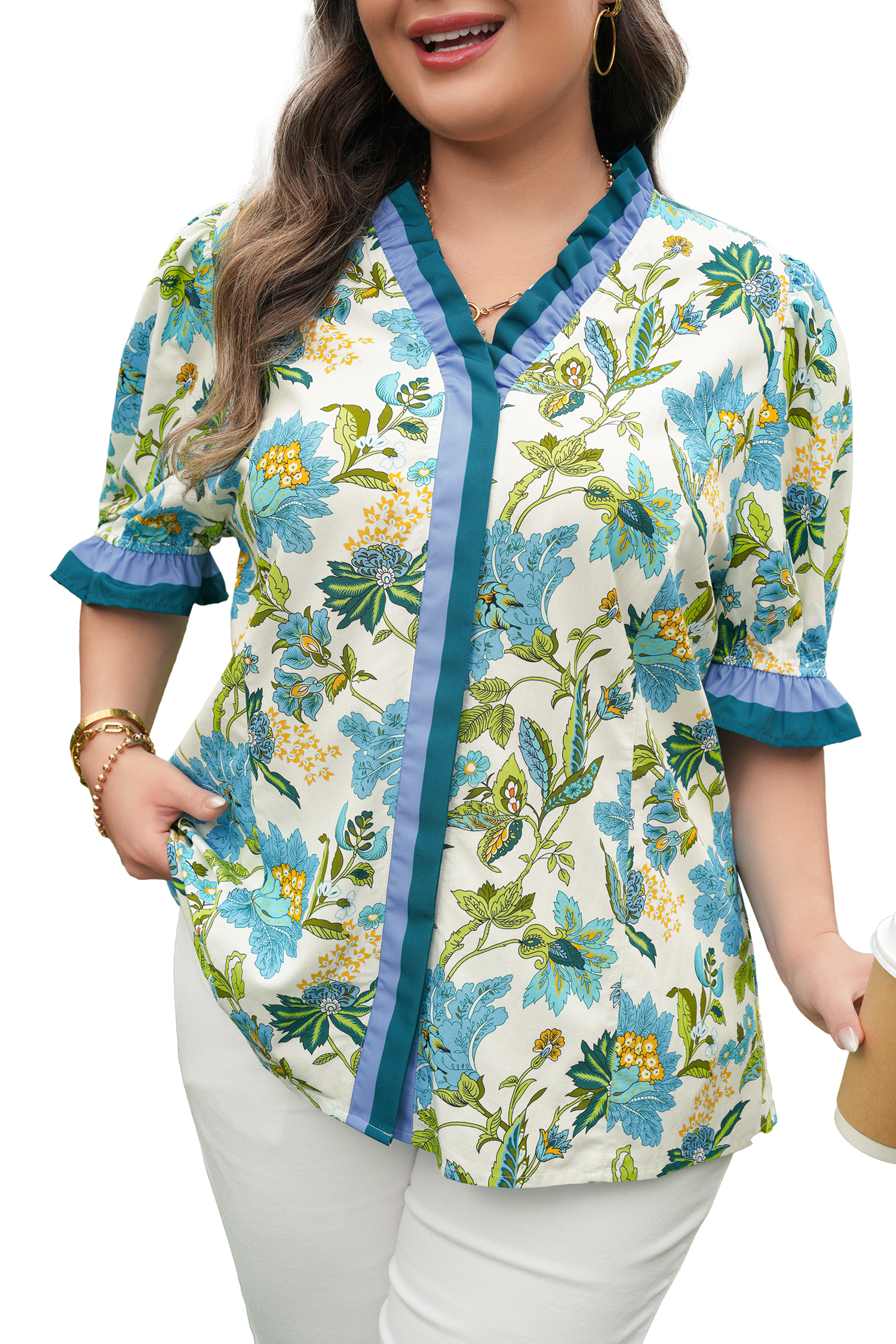 Plus Size Sky Blue  Frilled V Neck Short Sleeve Floral Blouse
