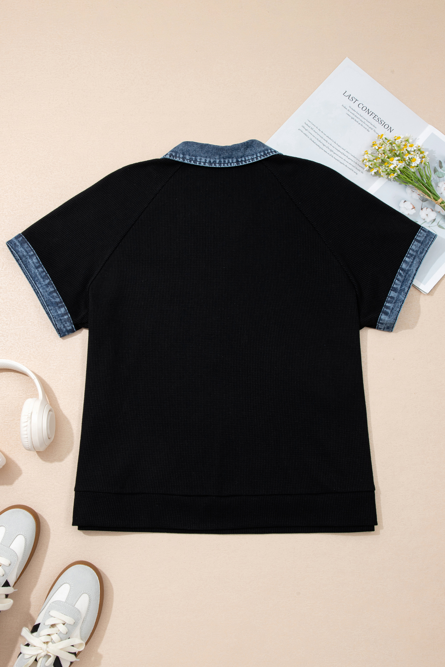 Plus Size Black  Textured Contrast Denim Patchwork Button Polo Tee