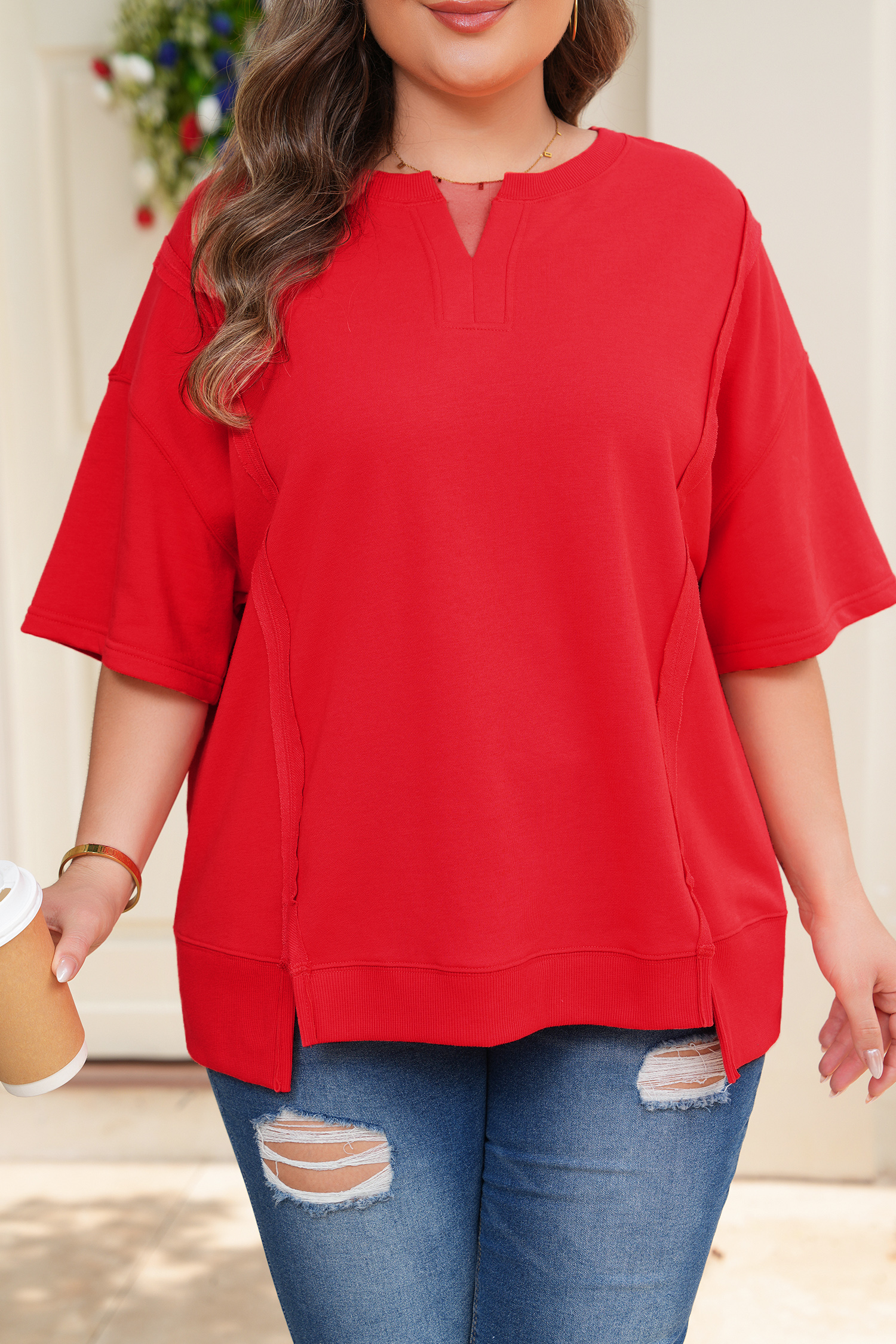 Plus Size Fiery Red  Solid Color Notched Neck Seam Detail Patchwork Short Sleeve Top