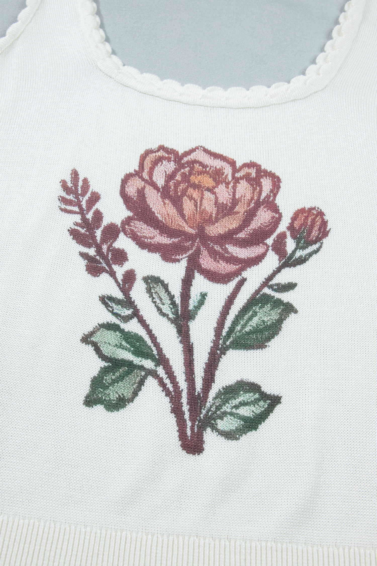 Plus Size White  Floral Print Scalloped Trim Square Neck Sweater Vest