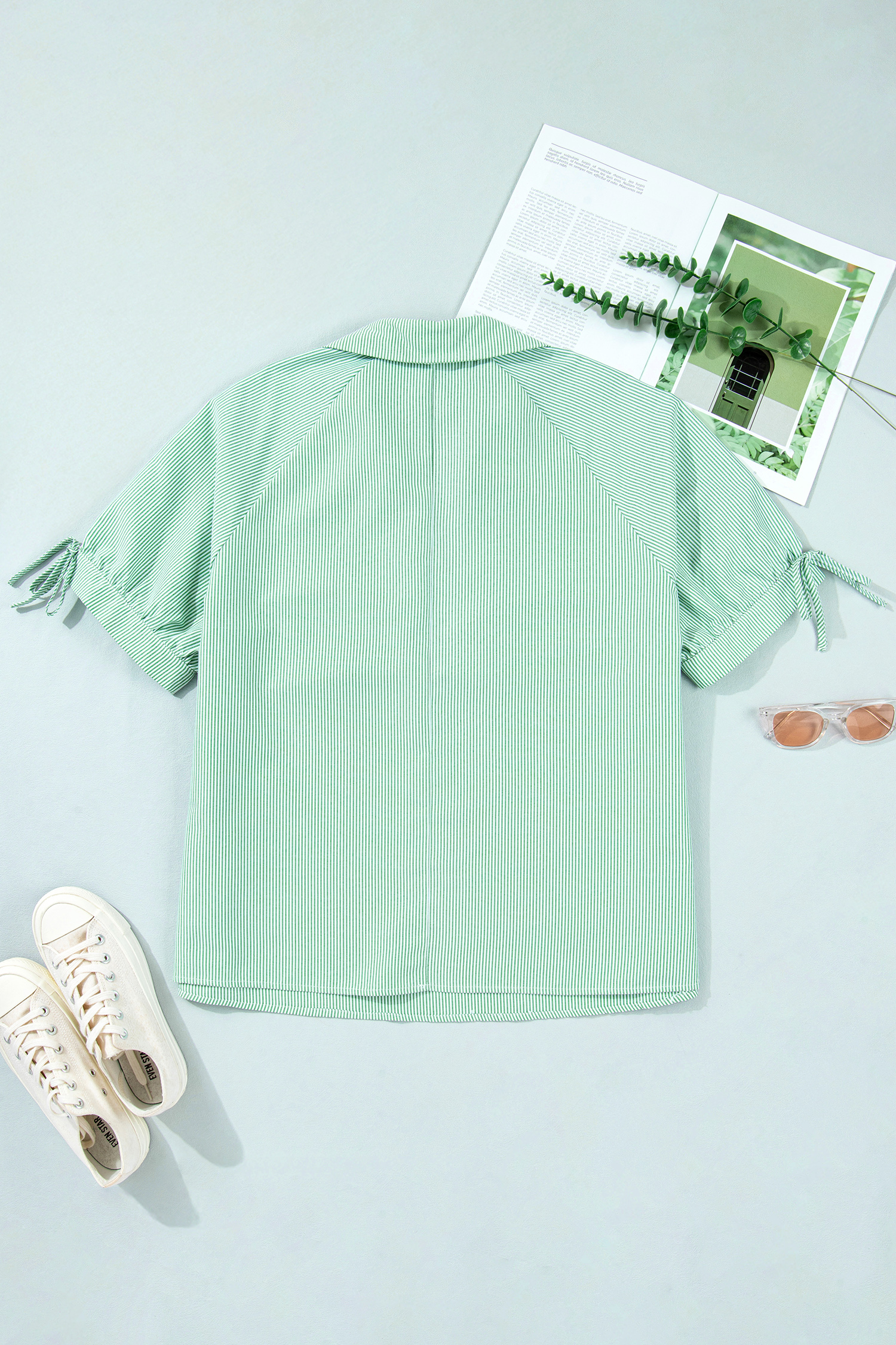 Plus Size Mint Green  Striped Print Collar V Neck Short Sleeve Blouse