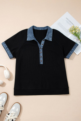 Plus Size Black  Textured Contrast Denim Patchwork Button Polo Tee