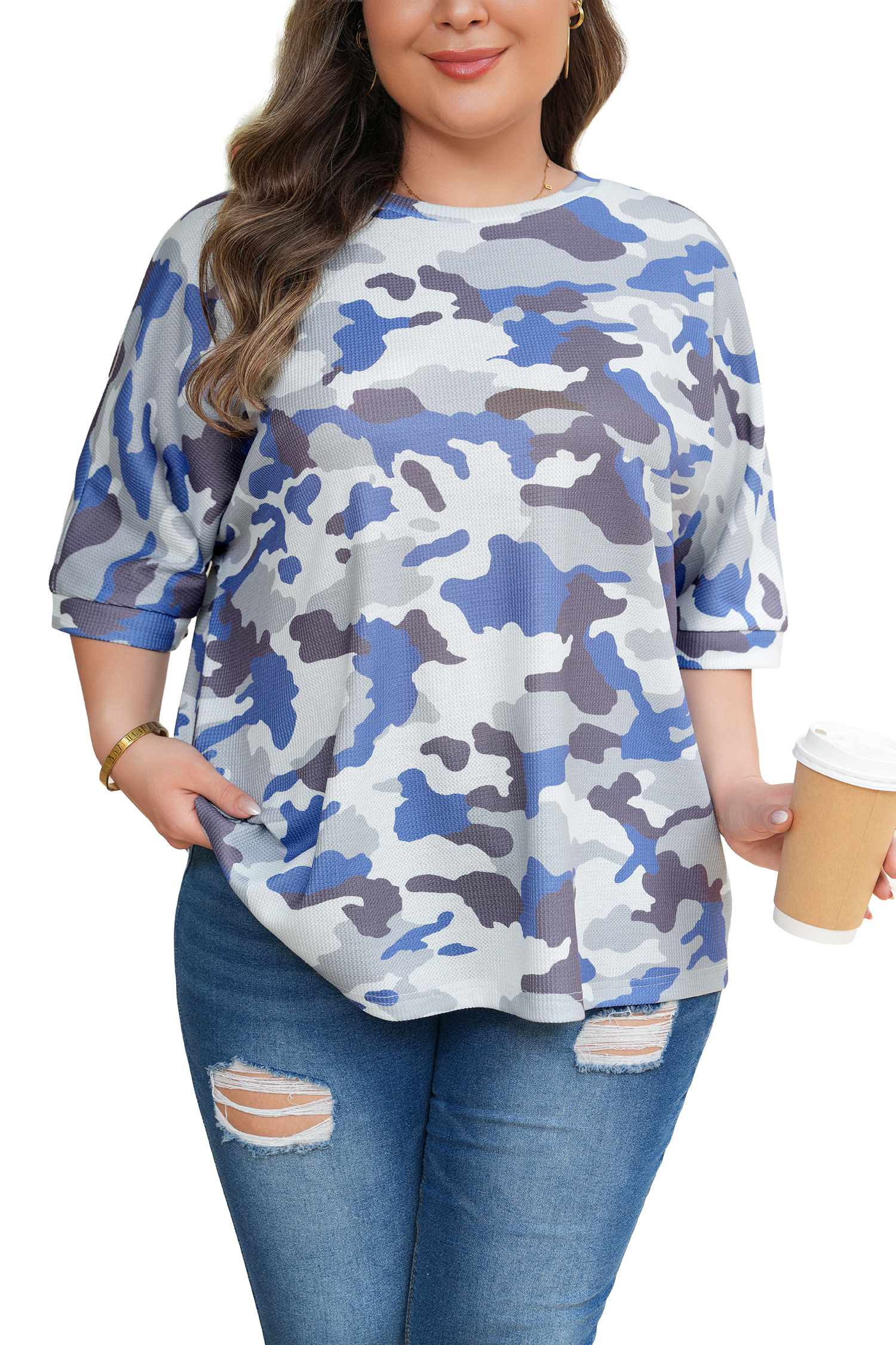 Plus Size Gray  Camouflage Print Textured Casual Tee