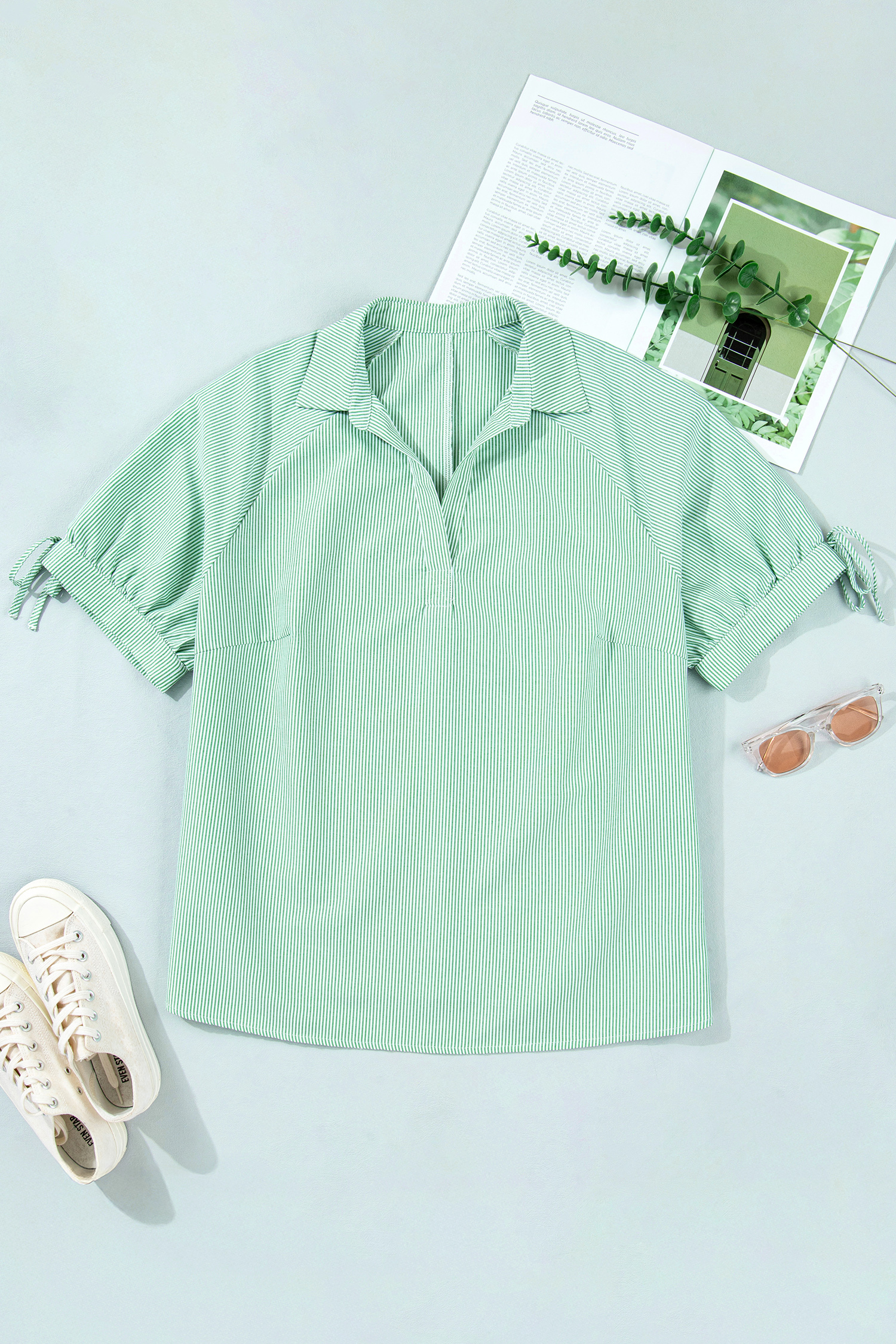 Plus Size Mint Green  Striped Print Collar V Neck Short Sleeve Blouse