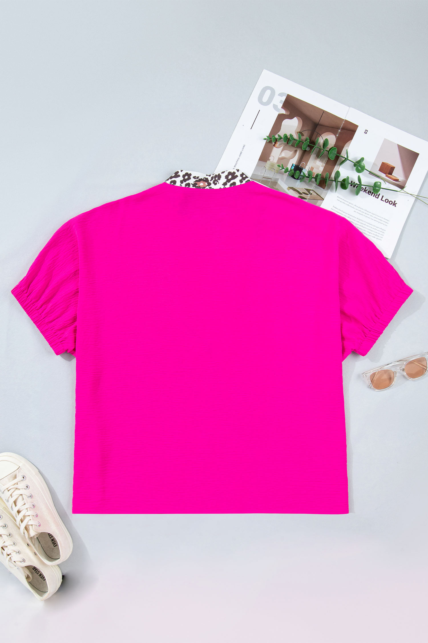 Plus Size Rose Red Leopard Accent Notched Neck  Short Sleeve Top