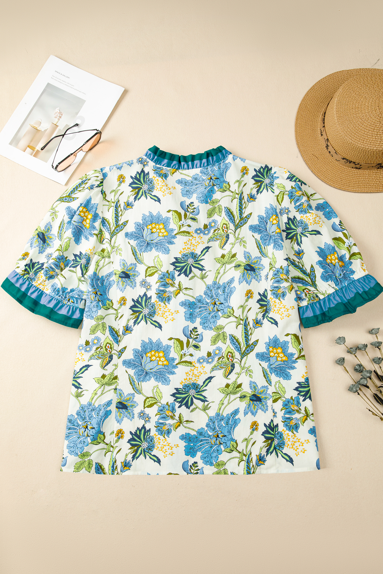 Plus Size Sky Blue  Frilled V Neck Short Sleeve Floral Blouse