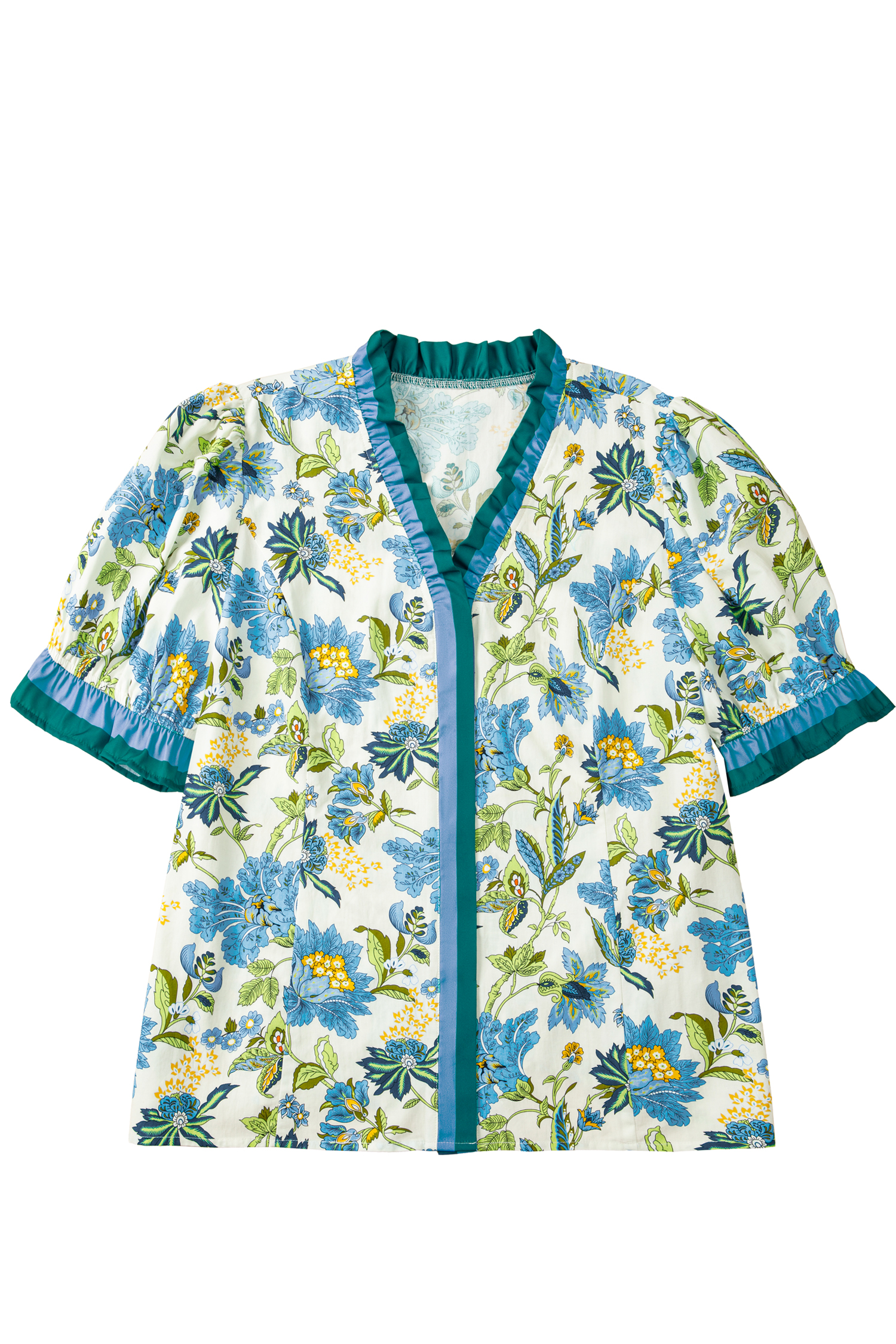 Plus Size Sky Blue  Frilled V Neck Short Sleeve Floral Blouse