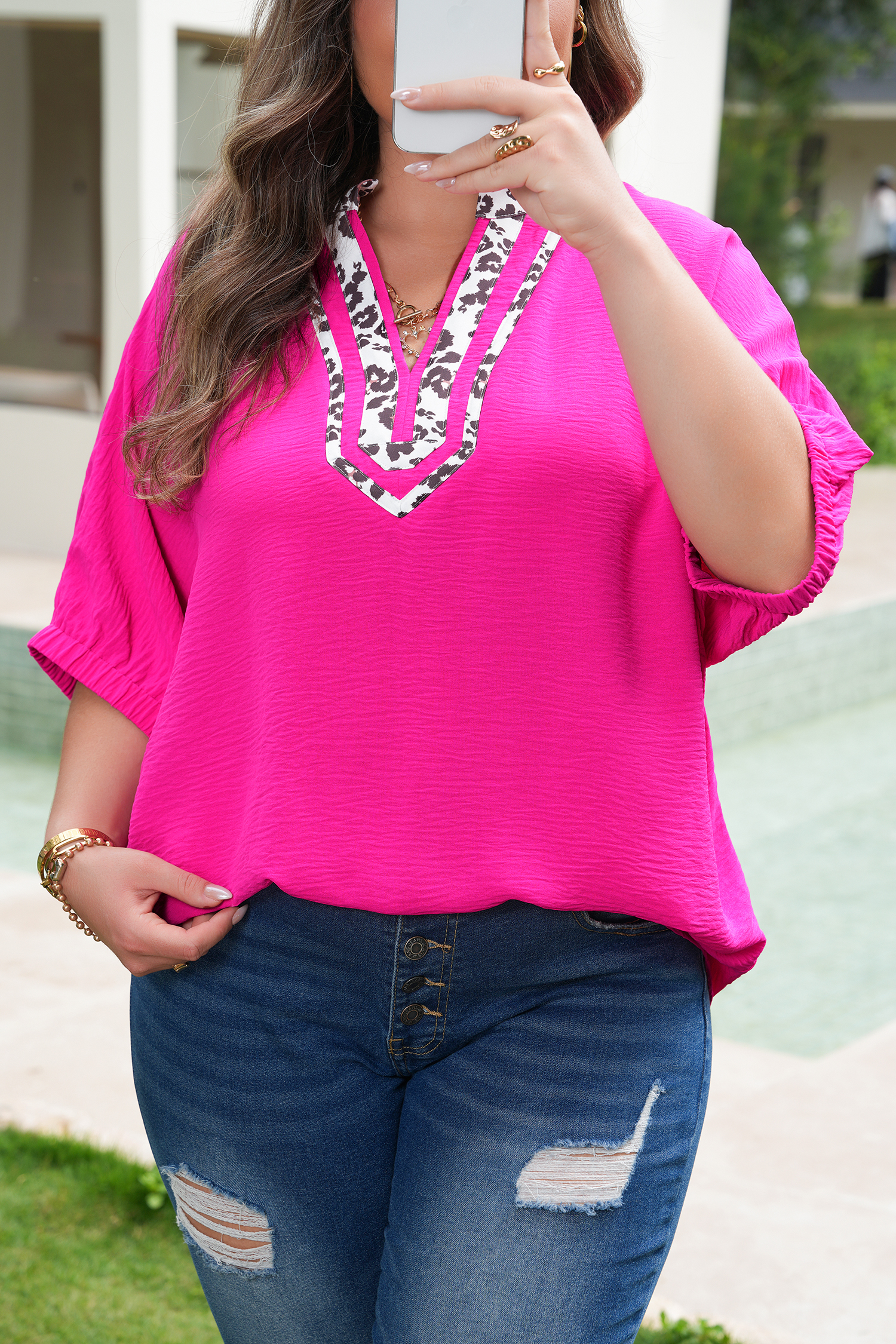 Plus Size Rose Red Leopard Accent Notched Neck  Short Sleeve Top