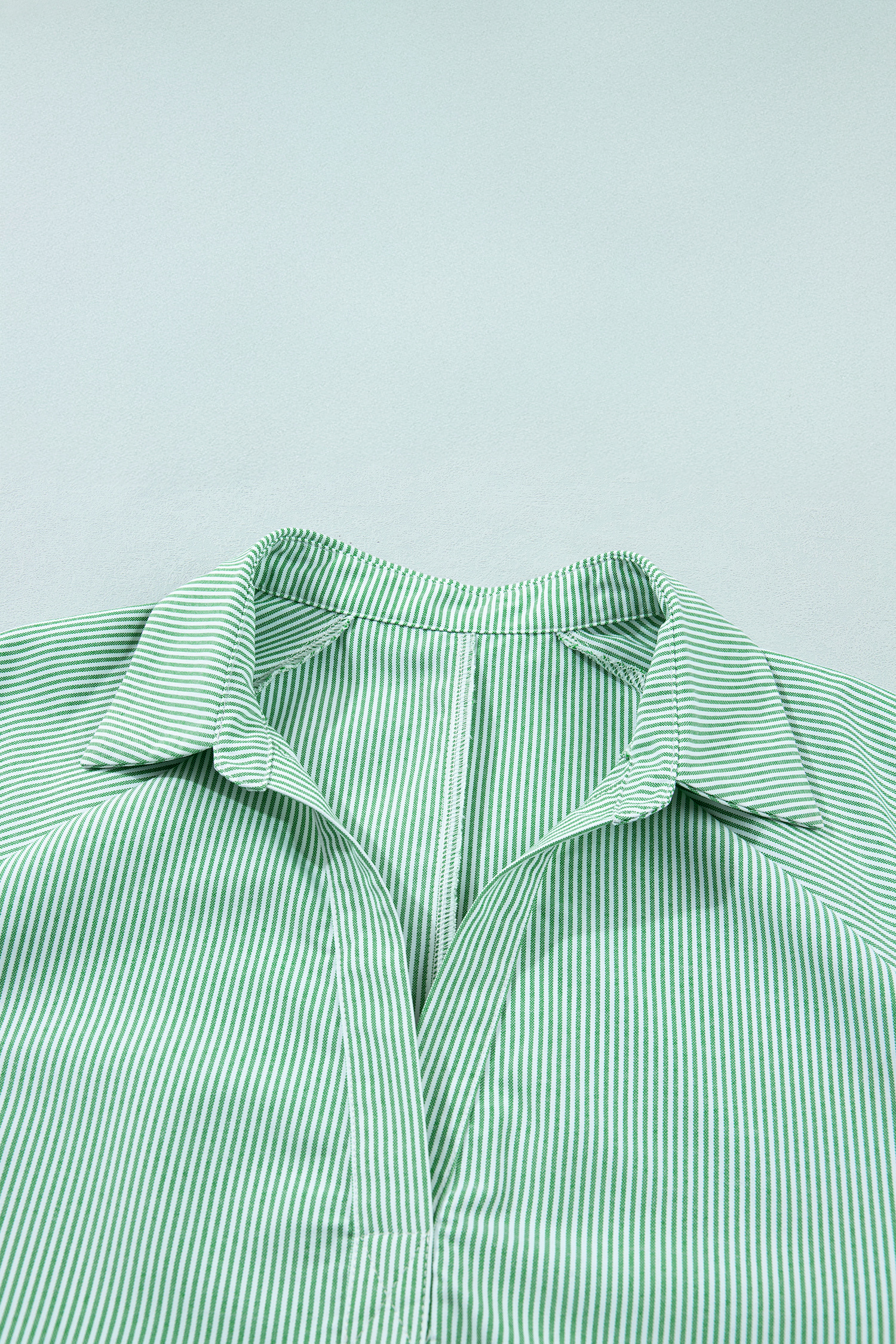 Plus Size Mint Green  Striped Print Collar V Neck Short Sleeve Blouse